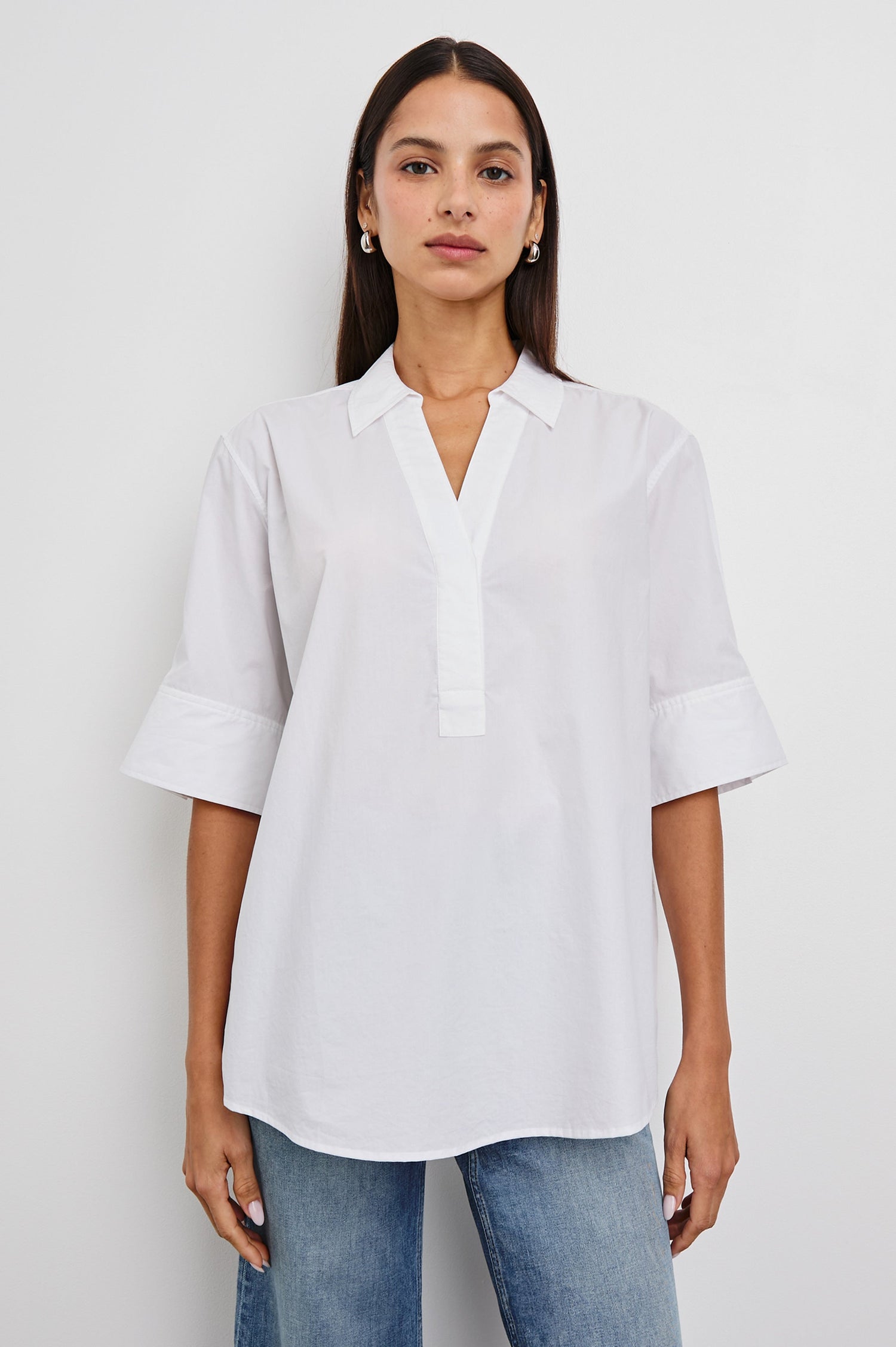 Juda 3/4 Sleeve Top With Front Placket And Collar In Colorway White - Front View Untucked Featured On Model