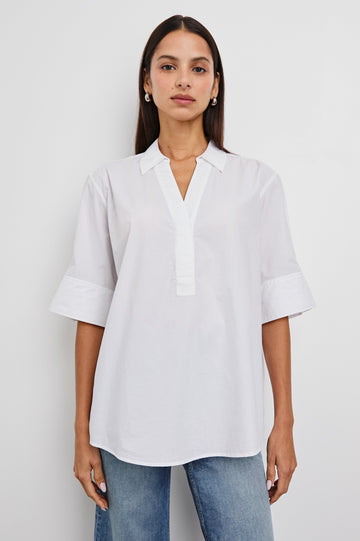 Juda 3/4 Sleeve Top With Front Placket And Collar In Colorway White - Front View Untucked Featured On Model