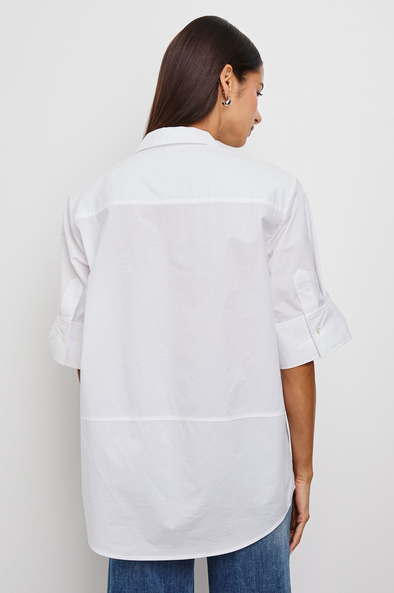 Juda 3/4 Sleeve Top With Front Placket And Collar In Colorway White - Back View Featured On Model