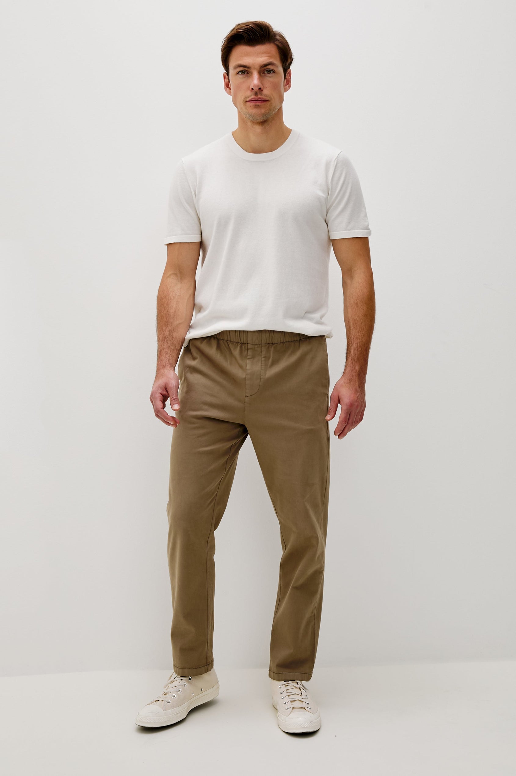 Julian Pants with an Elastic Waist, Two Front Pockets and Two Back Welt Pockets in Barley Colorway - Front View Featured on Model 
