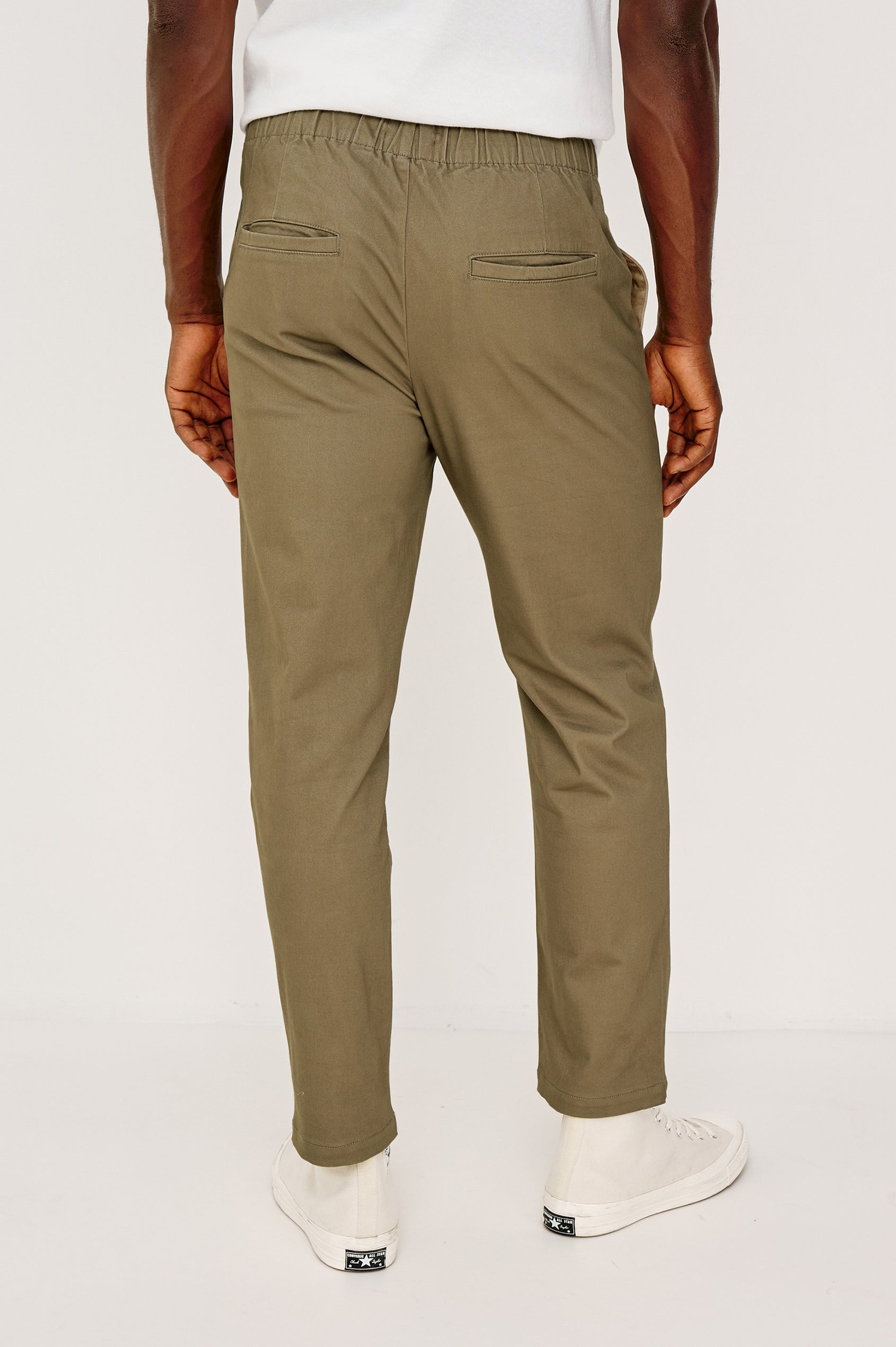 Julian Relaxed Slim Pant in Cotton Blend With Elastic Waist, Back Welt Pockets, and Garment-Dyed for Lived-in Look in Barley Colorway - Lower Body Back View Featured on Model