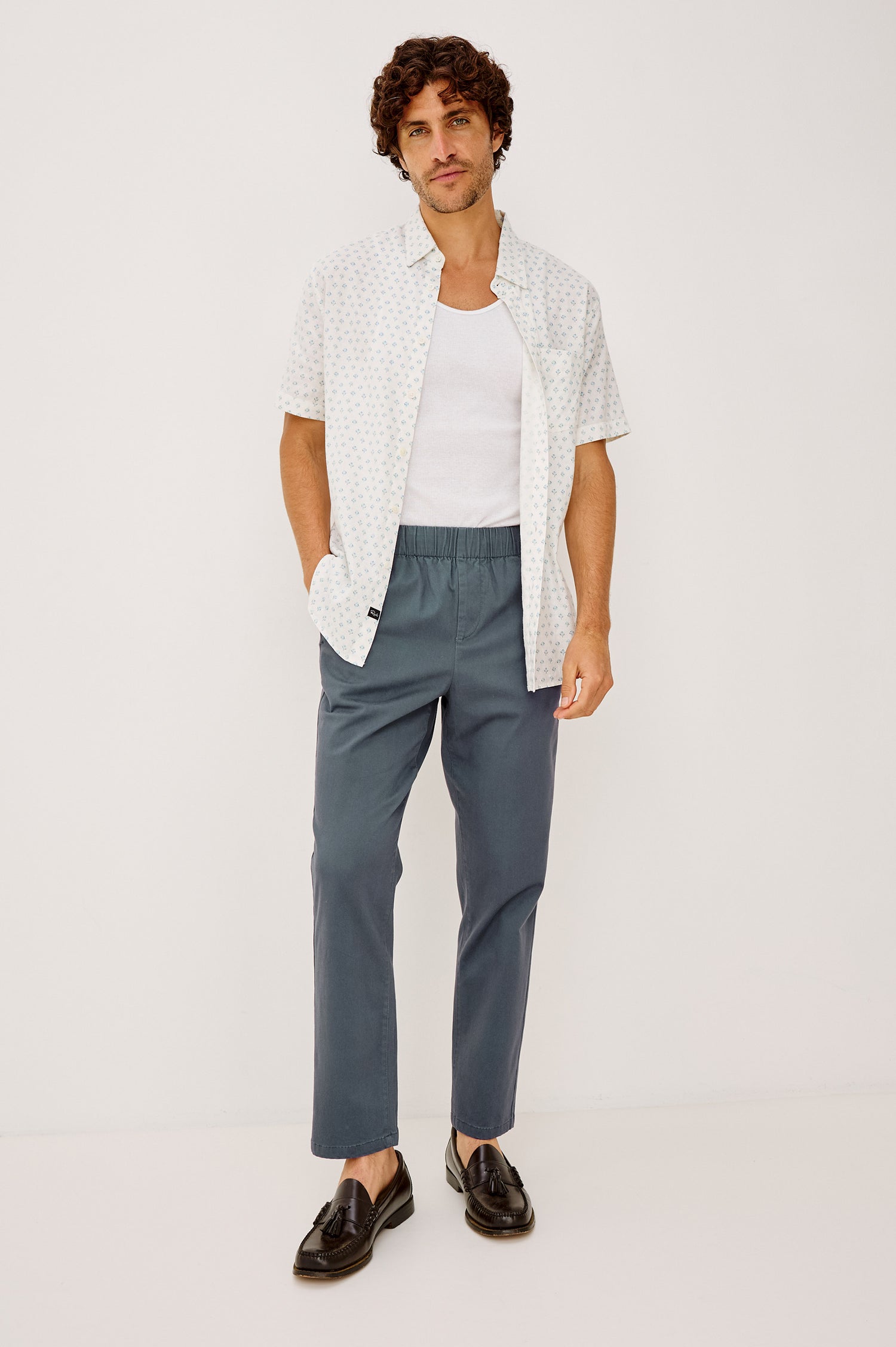 Julian Pant in Cotton Blend With Relaxed Straight Fit, Elastic Waist, and Back Welt Pockets Faded Blue Colorway - Full Body Front View Featured on Model