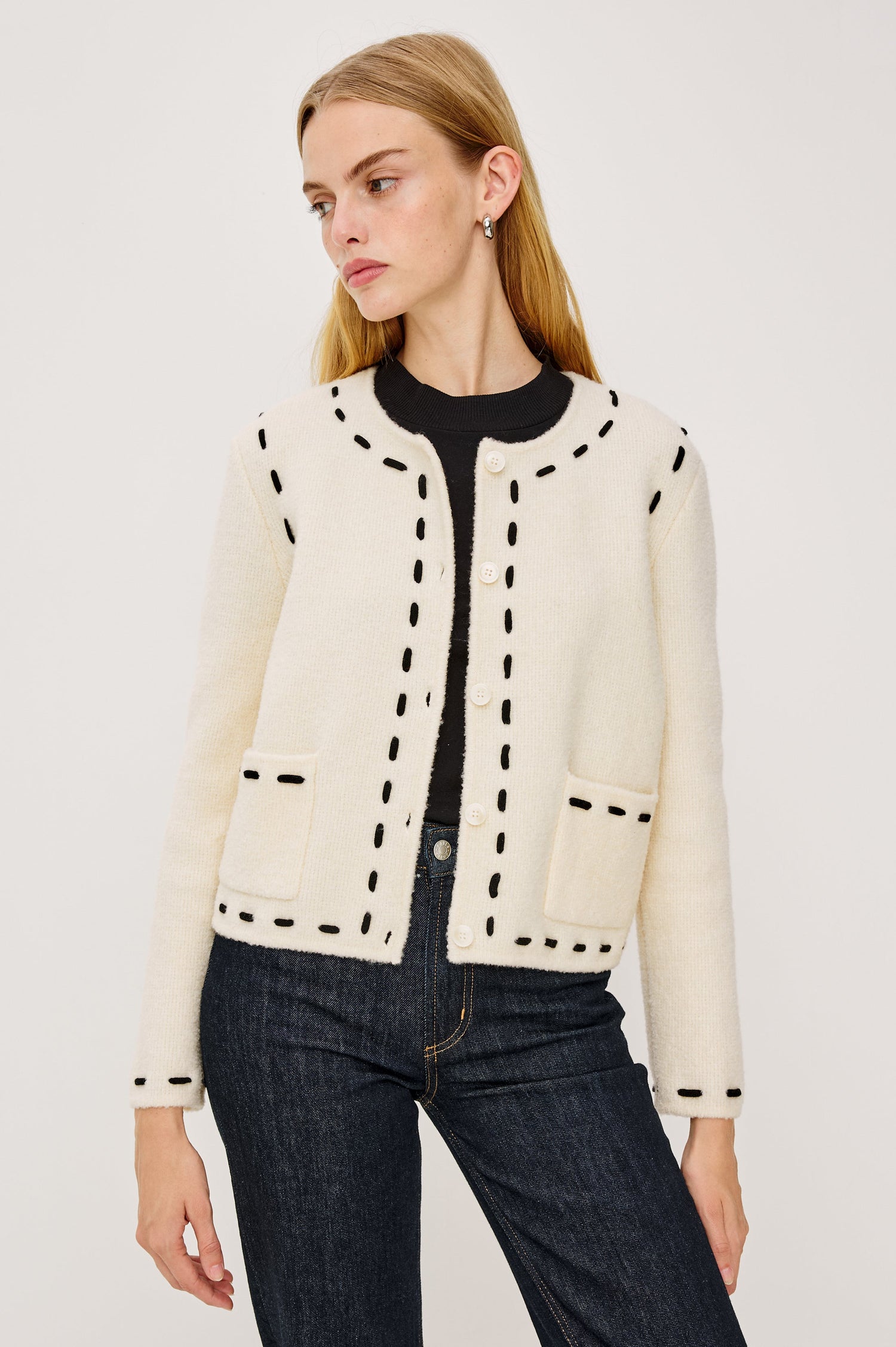 Juliette Long-Sleeve Cardigan with Button Closure, Two Front Patch Pockets, and Crew Neck in Ivory Colorway, with Black Trim Stitching - Front View Featured on Model