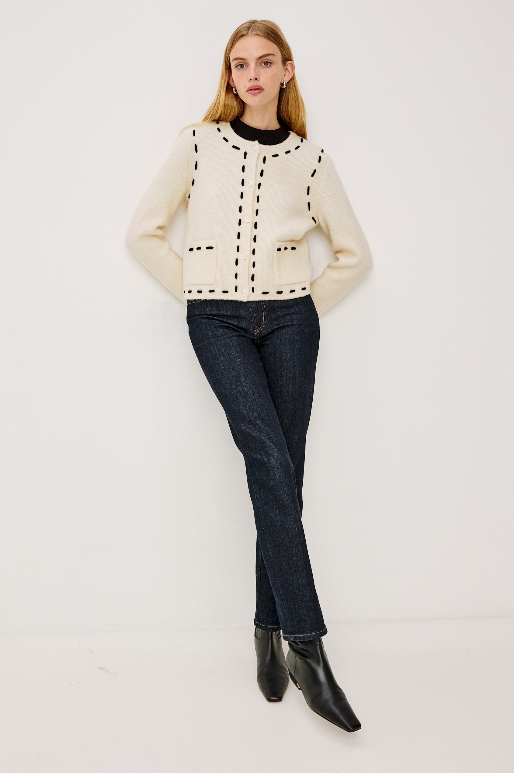 Juliette Long-Sleeve Cardigan with Button Closure, Two Front Patch Pockets, and Crew Neck in Ivory Colorway, with Black Trim Stitching - Full Body Front View Featured on Model