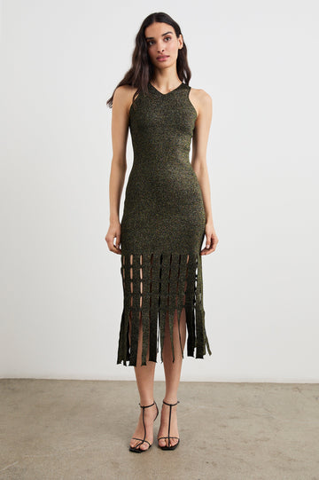Kaia Sleeveless Midi Dress with a V Neck and Vertical Dashed Cutouts From the Thigh Downward, ending in Panels in Gold Lurex Colorway - Front Full Body View Featured on Model