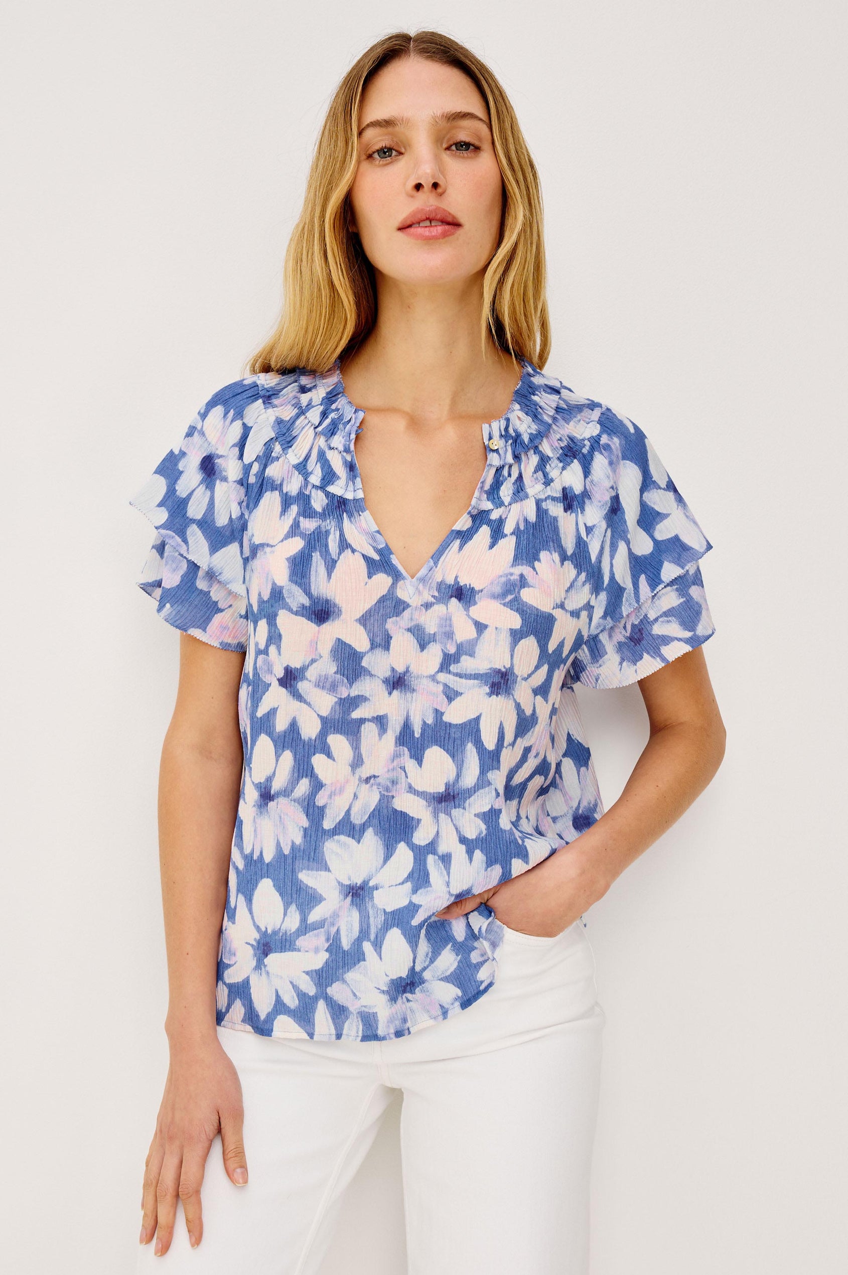 Kamila Top in Chiffon With Elastic Ruffle Collar, V-Neck, and Tiered Flutter Sleeves in Blue Amaranth Colorway - Upper Body Front View Featured on Model