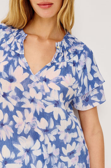 Kamila Top in Chiffon With Elastic Ruffle Collar, V-Neck, and Tiered Flutter Sleeves in Blue Amaranth Colorway - Upper Body Front View Featured on Model