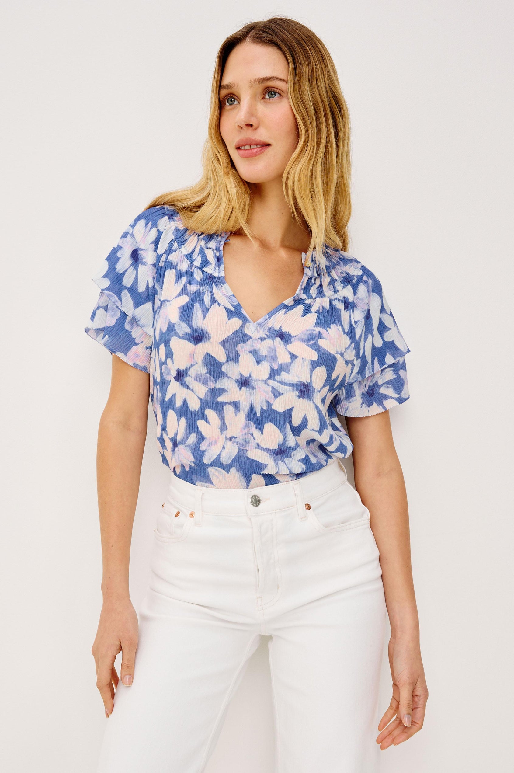 Kamila Top in Chiffon With Elastic Ruffle Collar, V-Neck, and Tiered Flutter Sleeves in Blue Amaranth Colorway - Upper Body Front View Featured on Model