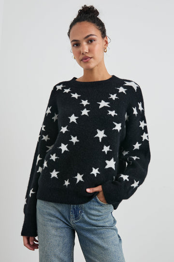 Kana Long-Sleeve Sweater with a Crew Neck in Star Chain Colorway, White Stars on Black - Front View Featured on Model 