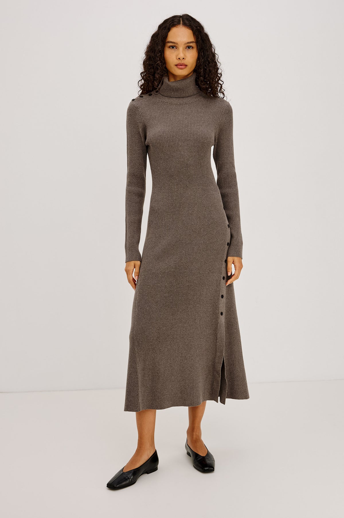 Kat Maxi Dress in Ribbed Cotton Blend With Foldover Turtleneck Button Neckline, Long Sleeves, Fitted Silhouette, Long Sleeves, Side Placket, and Subtle Flare at Hem in Hazelnut Colorway -
