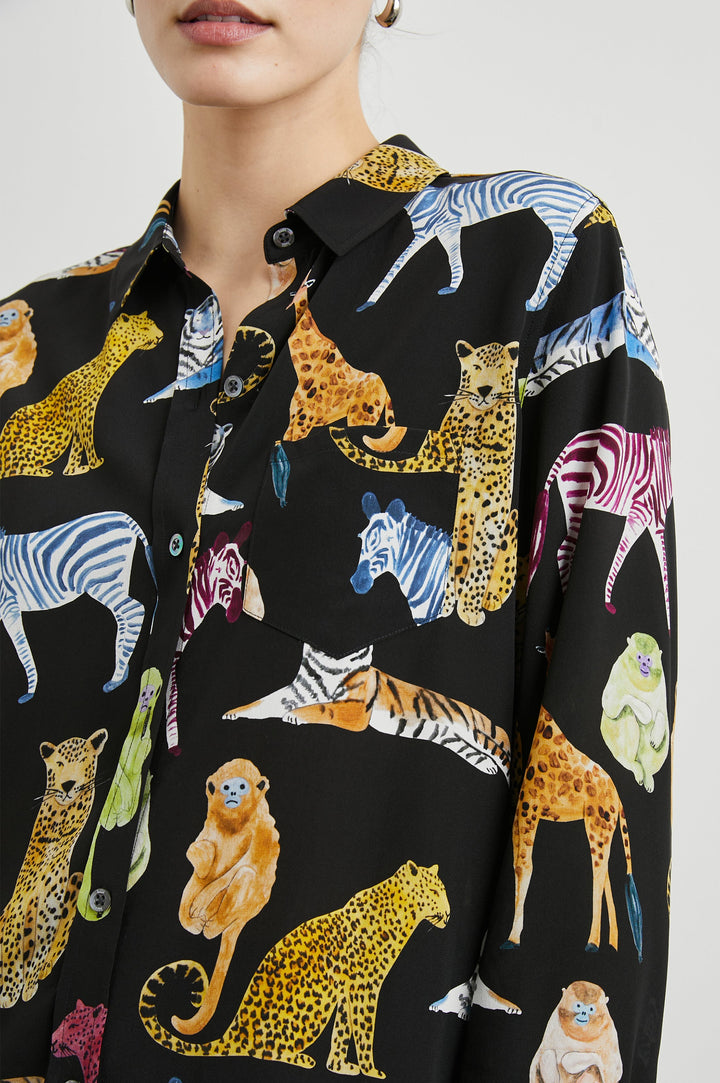Kate Long Sleeve Button up with a Chest Patch Pocket in Illustrated Animals Colorway, Wild Animals on Black - Front View Featured on Model