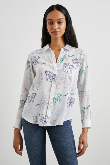 Kate Long Sleeve Button up with a Chest Patch Pocket in Jewel Wildcats Colorway, Wildcats in pink, purple, green and blue on White - Front View Featured on Model