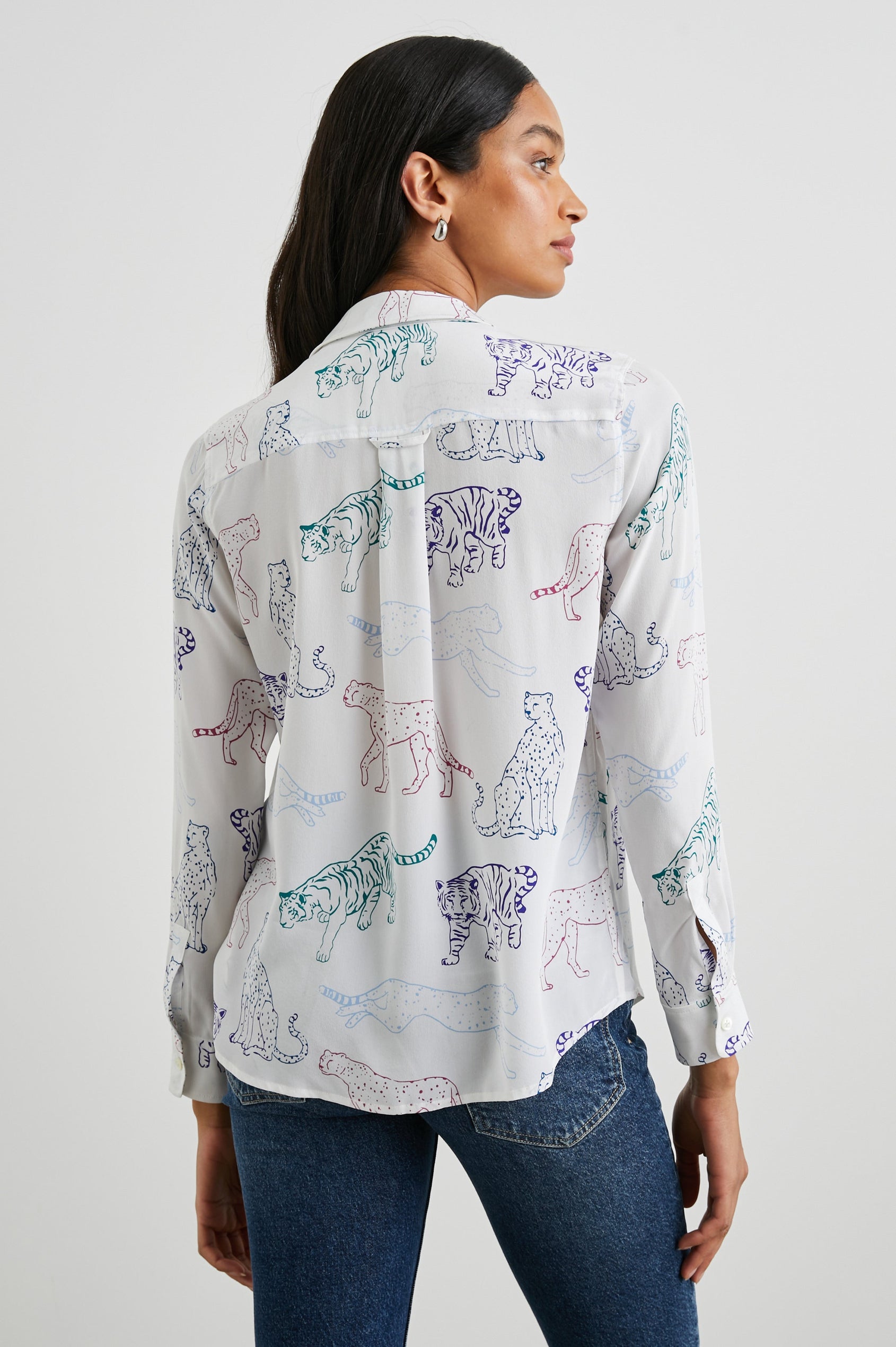 Kate Long Sleeve Button up with a Chest Patch Pocket in Jewel Wildcats Colorway, Wildcats in pink, purple, green and blue on White - Back View Featured on Model