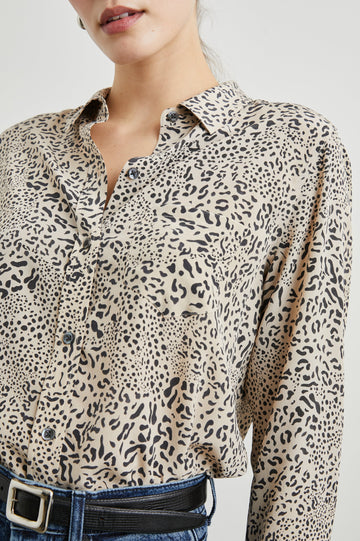 Kate Long Sleeve Button up with a Chest Patch Pocket in Sand Mixed Cheetah Colorway, Black Cheetah Spots on Sand - Front Tucked View Featured on Model