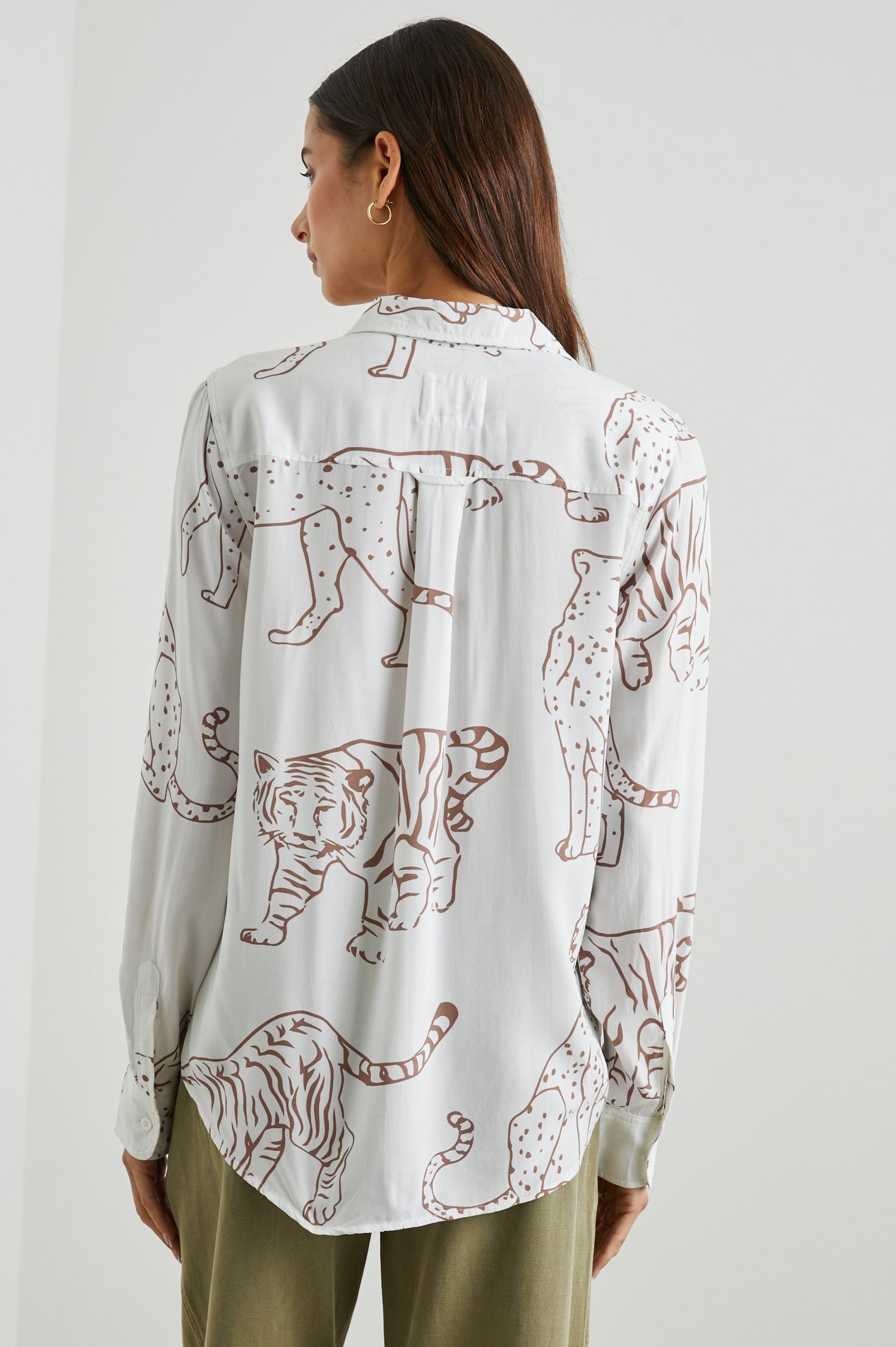Kathryn Long-Sleeve Button up with a Chest Patch Pocket in Camel Jungle Colorway, with large camel jungle cats on  ivory - Back View Featured on Model