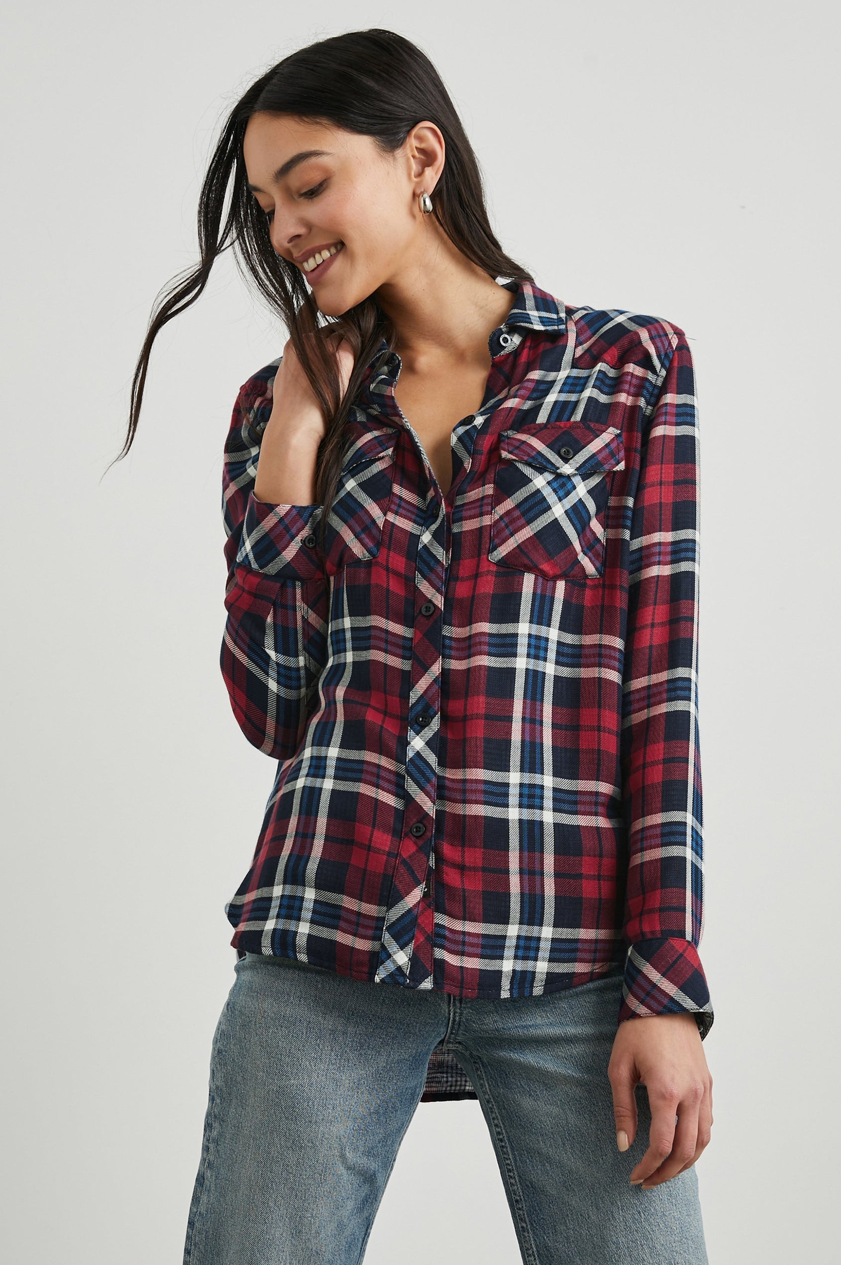 Kendra Long-Sleeve Button Up with Two Chest Button Flap Pockets in Navy Red White Colorway, a Plaid with an Interior Black and White Plaid - Front View Featured on Model