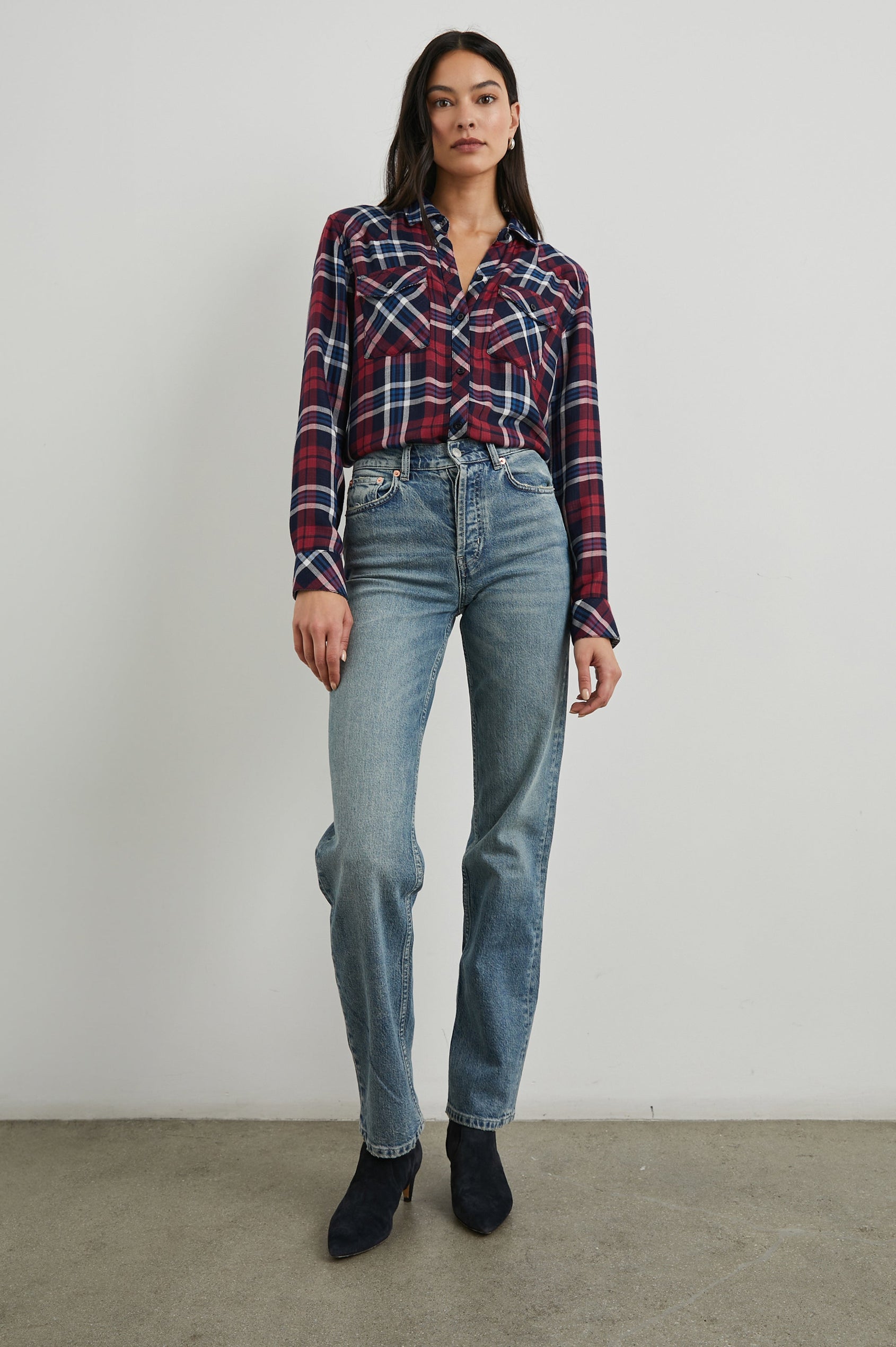 Kendra Long-Sleeve Button Up with Two Chest Button Flap Pockets in Navy Red White Colorway, a Plaid with an Interior Black and White Plaid - Front Full Body View Featured on Model