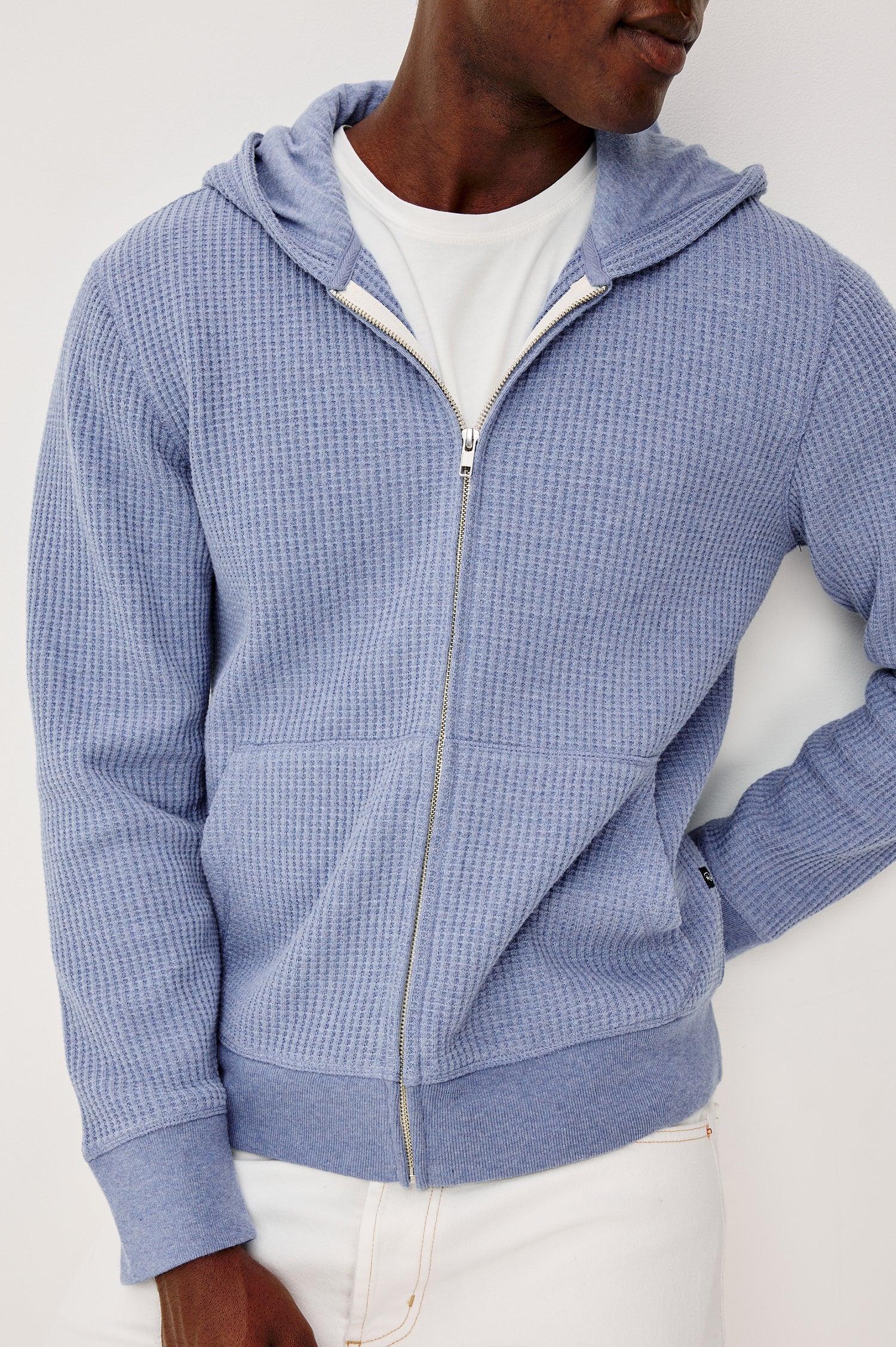 Kenton Waffle Knit Zip Front Hoodie Sweatshirt With Front Patch Pockets, Long Sleeves, and Ribbed Cuffs - Upper Body Front Close Up View Featured on Model