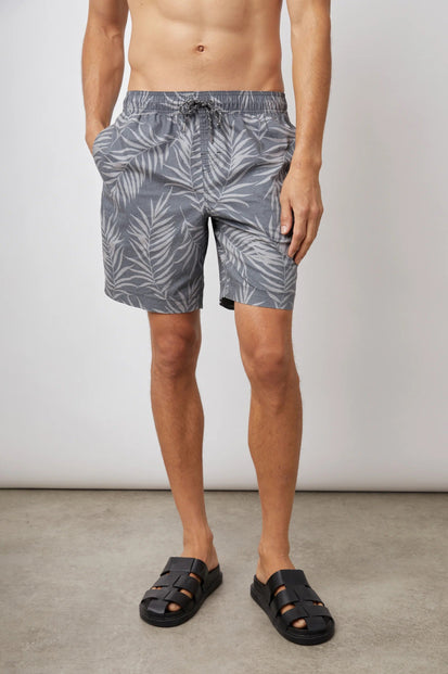 KIAN PALM SHADOW WASHED BLACK SWIM SHORT - FRONT