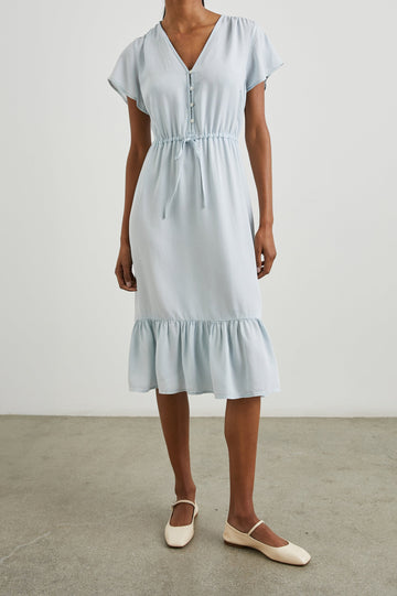 Kiki Short Sleeve Midi Dress with a V Neck, Buttons Down the Front Bodice, a Drawstring Waist and Ruffles at the Hem in Light Vintage Colorway - Front Full Body View Featured on Model 