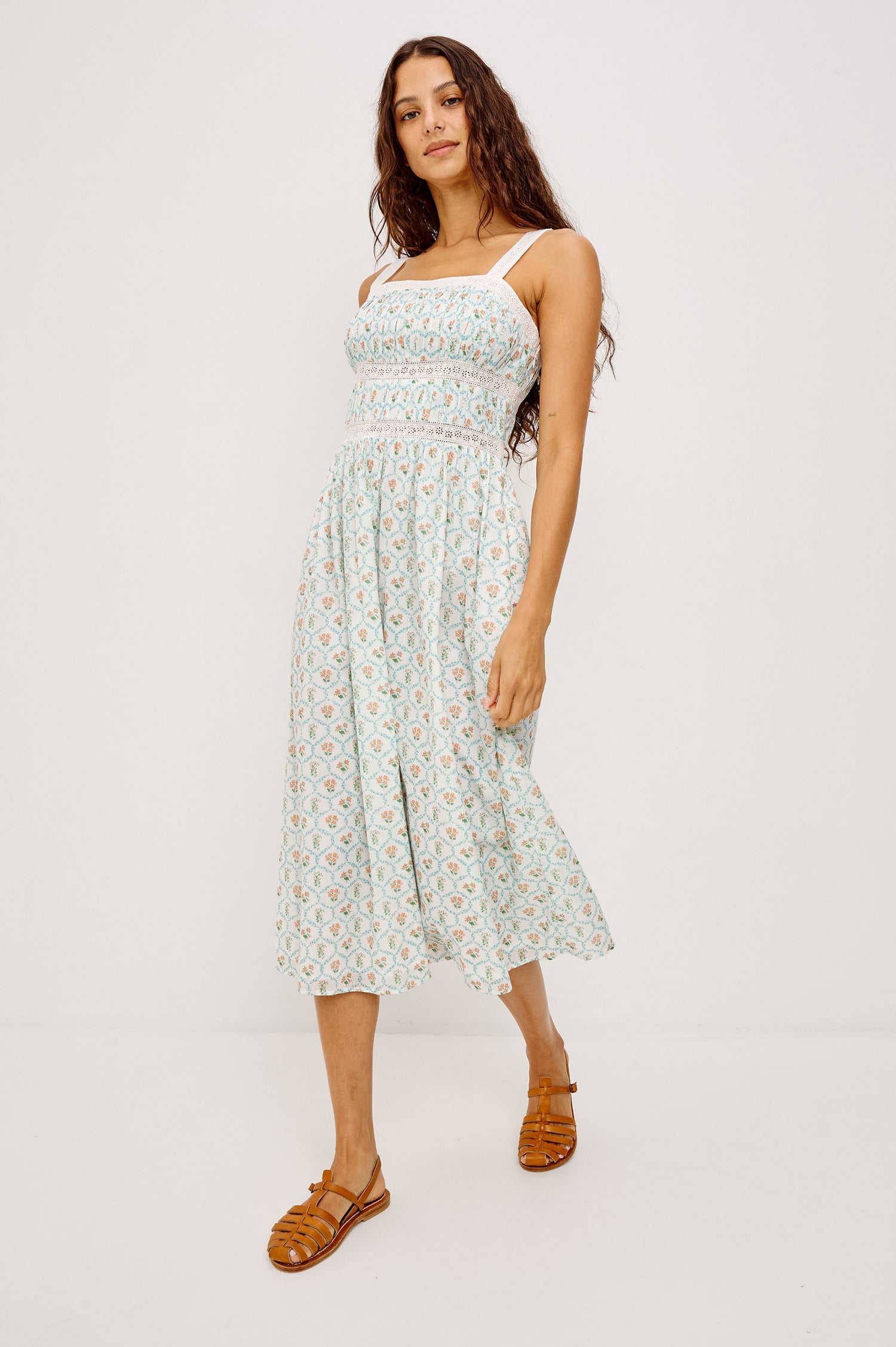 Kimiko Midi Dress in Cotton Voile With Crochet Trim, Fitted Shirred Bodice, Wide Straps, Square Neckline, Smocked Back, Adjustable Shoulder Straps, and Side Zipper in Peach Peony Colorway -