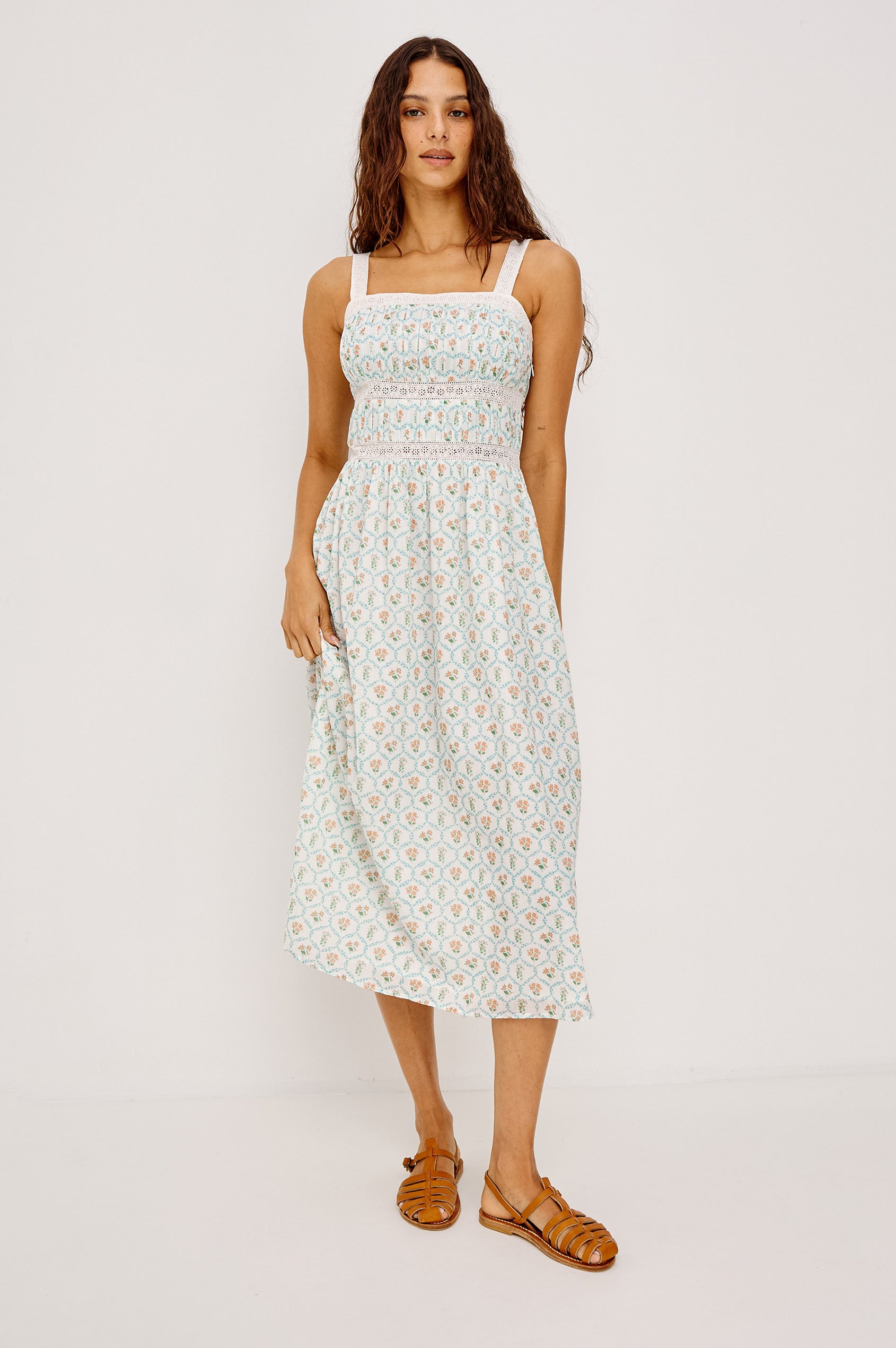 Kimiko Midi Dress in Cotton Voile With Crochet Trim, Fitted Shirred Bodice, Wide Straps, Square Neckline, Smocked Back, Adjustable Shoulder Straps, and Side Zipper in Peach Peony Colorway -