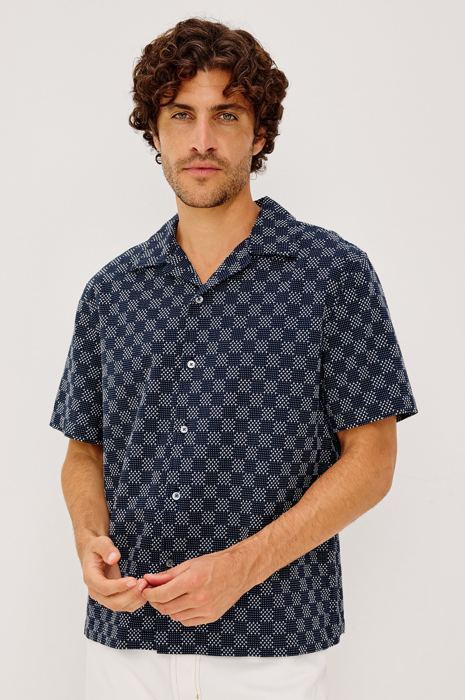 Kin Shirt in Textured Dobby Cotton With Camp Collar, Front Buttons, and Relaxed, Boxy Fit in Navy Sashiko Colorway - Upper Body Front View Featured on Model