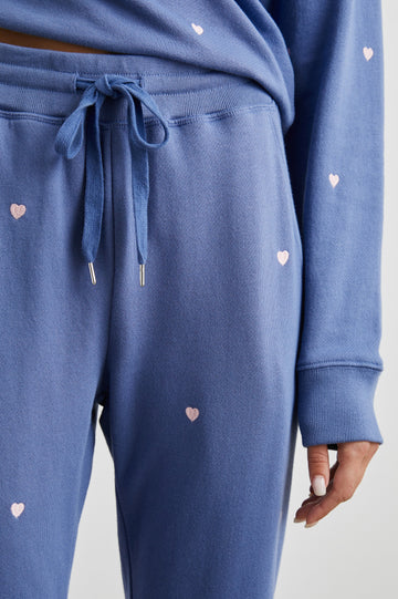 Kingston Sweatpants with Elastic Cuffs and Waist with Drawcord in Pink Periwinkle Hearts Embroidery Colorway, Pink Hearts on Periwinkle - Front View Featured on Model