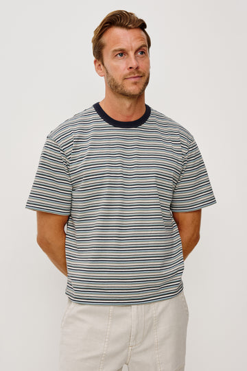 Kip T-Shirt in Relaxed Boxy Fit in Yarn-Dyed Jersey, Contrast Crew Neckline, and Short Sleeves in Azul Stripe Colorway - Upper Body Front View Featured on Model