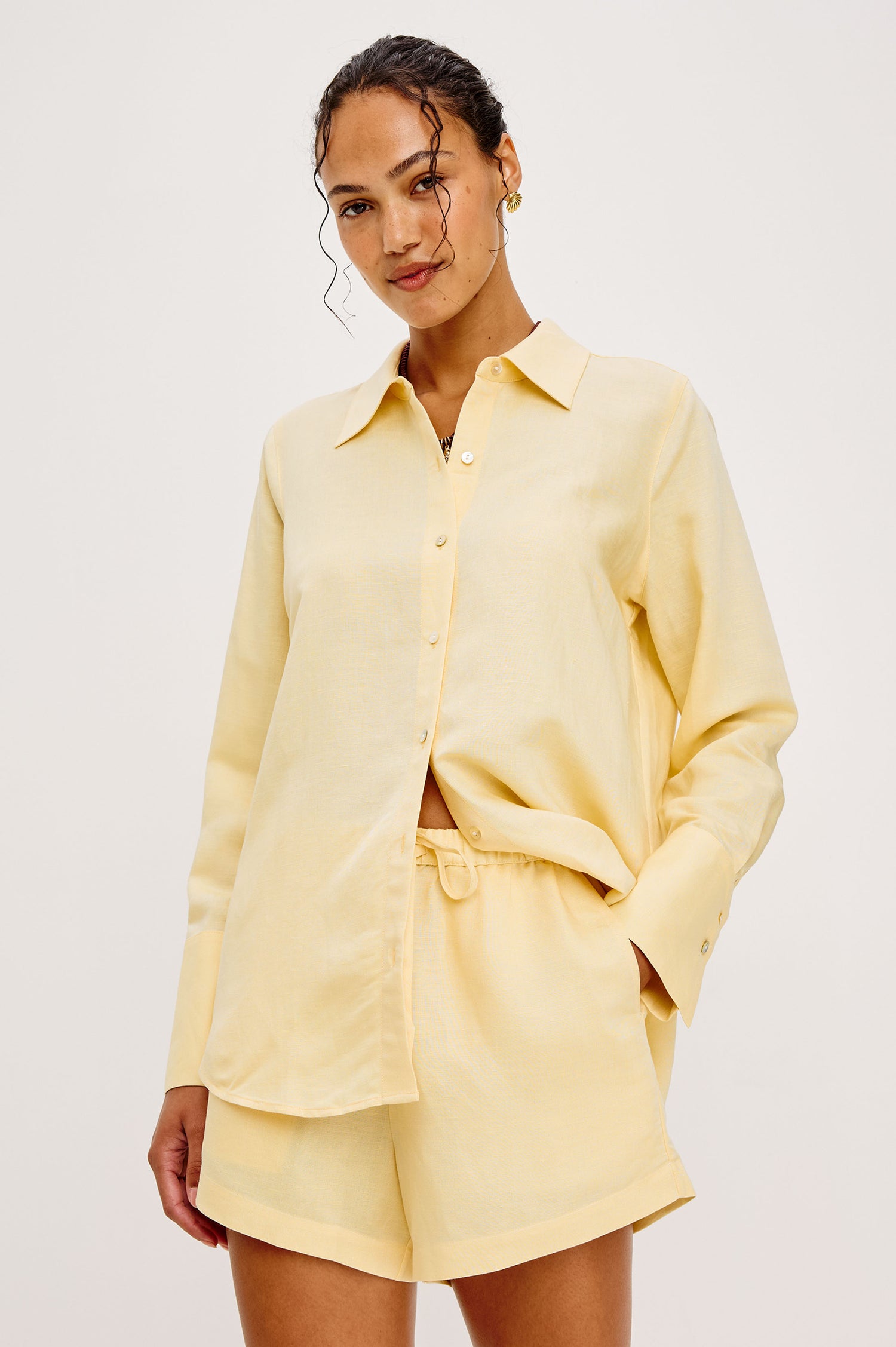 Knox Button-Up Shirt in Linen Viscose With Collar, Front Buttons, Long Sleeves, and Relaxed Fit in Sunshine Colorway - Upper Body Front View Featured on Model