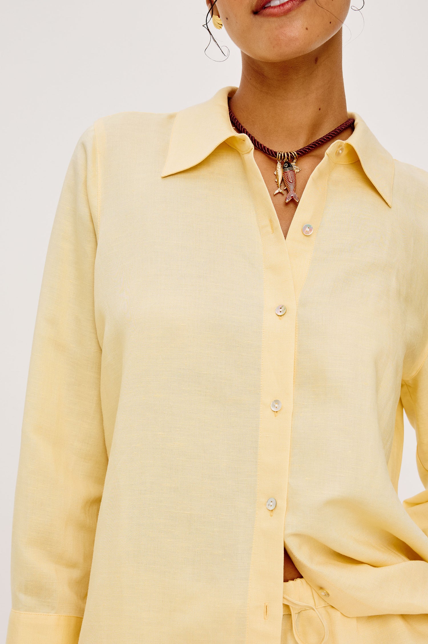 Knox Button-Up Shirt in Linen Viscose With Collar, Front Buttons, Long Sleeves, and Relaxed Fit in Sunshine Colorway - Upper Body Front View Featured on Model