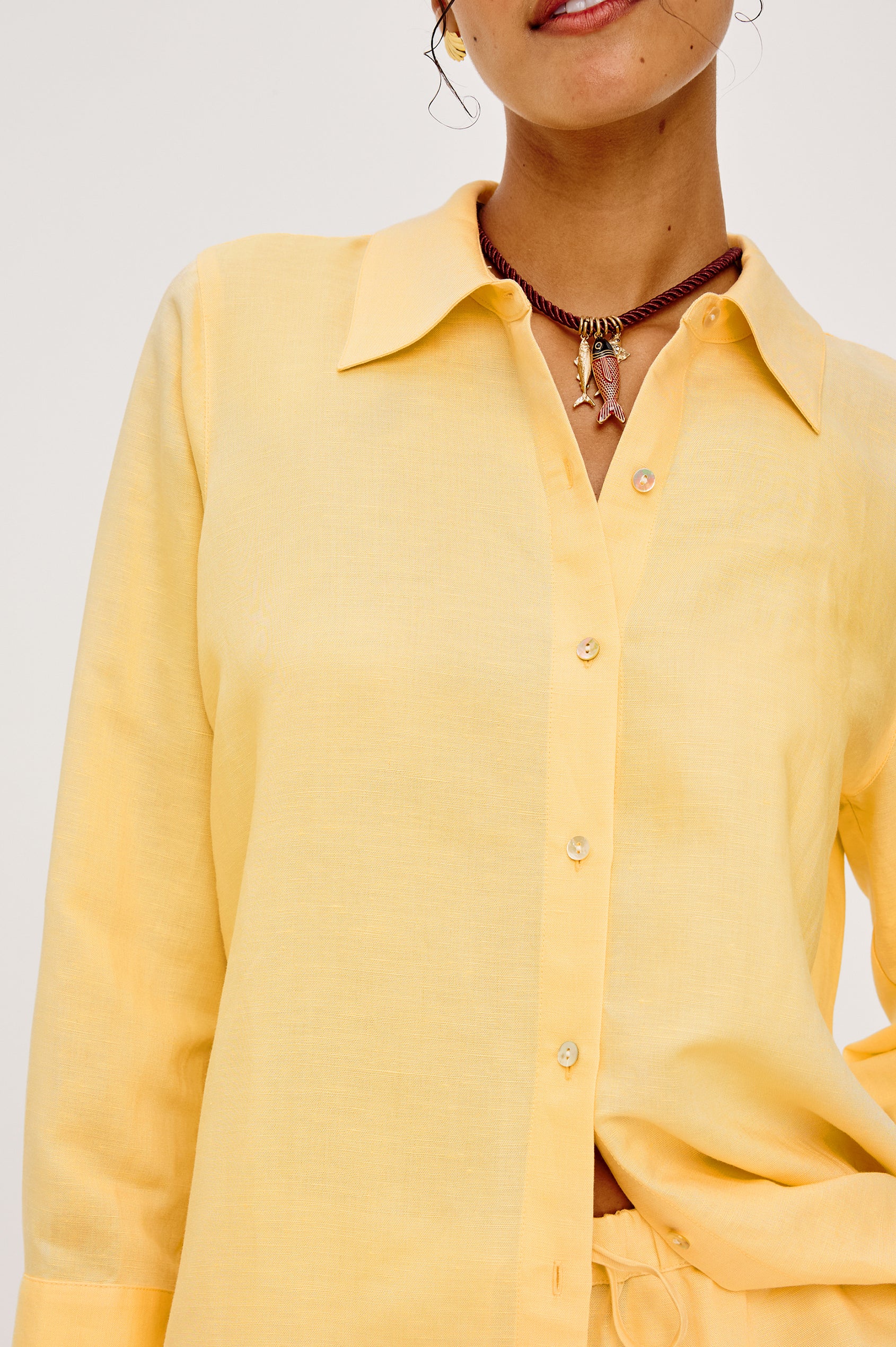 Knox Button-Up Shirt in Linen Viscose With Collar, Front Buttons, Long Sleeves, and Relaxed Fit in Sunshine Colorway - Upper Body Front View Featured on Model