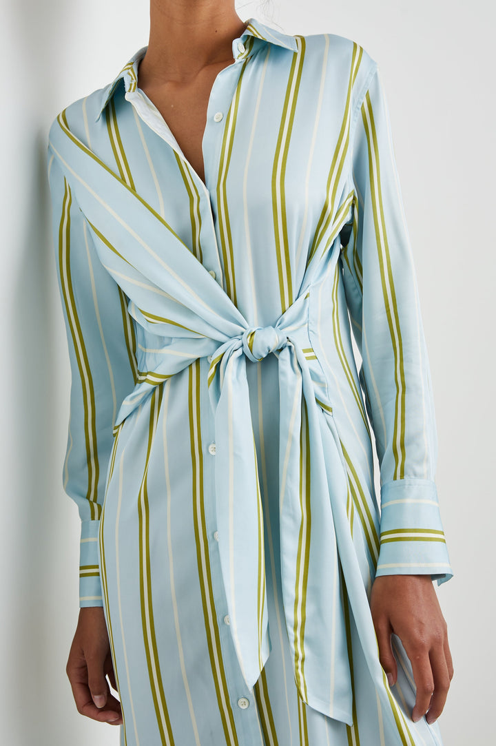 Lacey Long-Sleeve Midi Dress with Buttons Down the Front, a Collar, Buttoned Cuffs, and an Adjustable Wrap Tie in Honeydew Stripe Colorway, Light Blue, White and Honeydew Vertical Stripes - Front View Featured on Model
