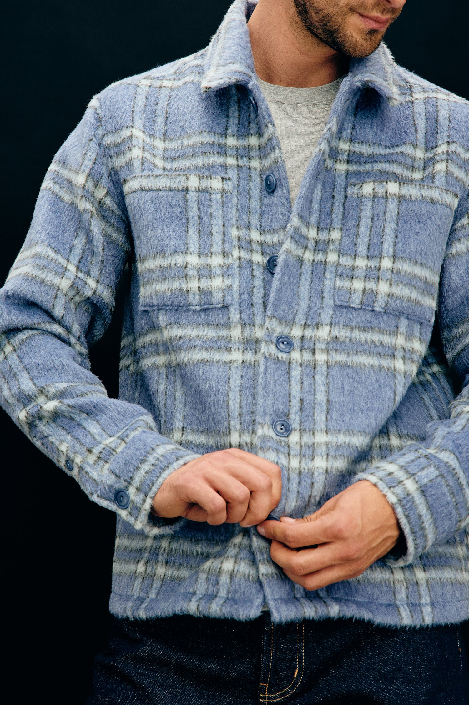 Lachlan Shirt Jacket With Collar, Front Buttons, Chest Patch Pockets, and Long Sleeves, and is Fully Lined in Blue Lotus Colorway - Upper Body Front View Featured on Model