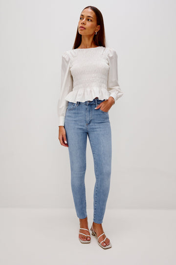 Larchmont 5-pocket skinny jean in medium-light wash tidepool. Full Body Front View Shown on Model.