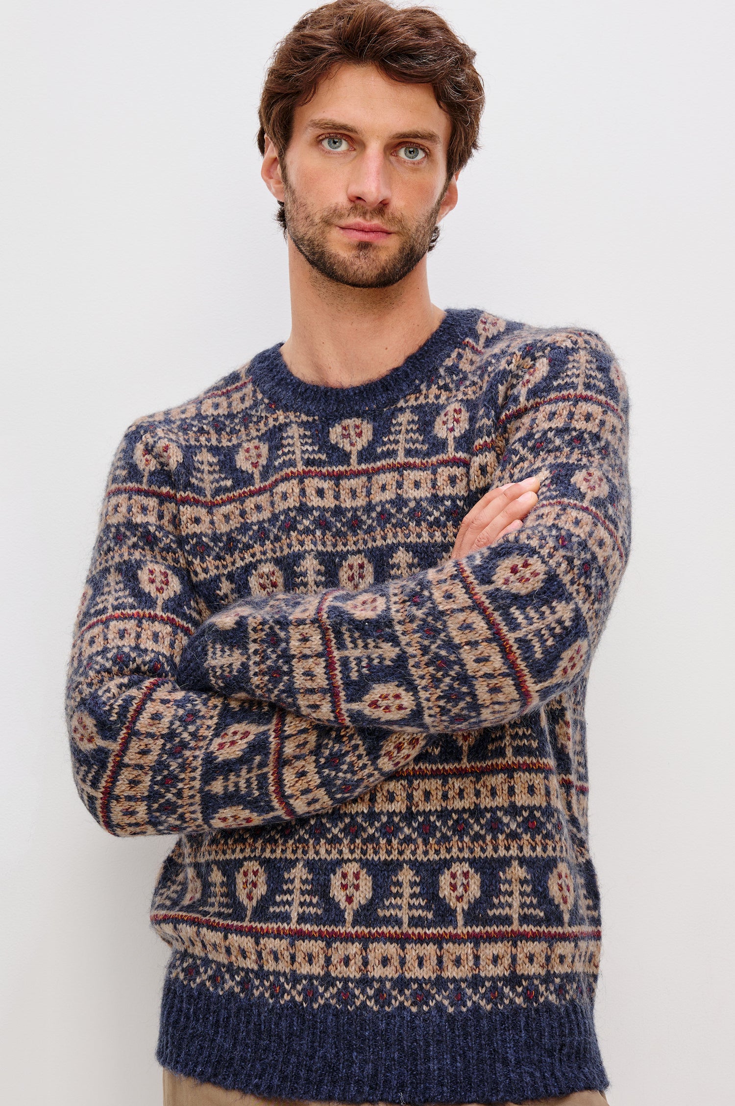 Lars Crewneck Sweater in Merino Wool Blend With Relaxed Fit With Fair Isle Motifs, Long Sleeves, and Ribbed Trim - Front Upper Body View Featured on MOdel
