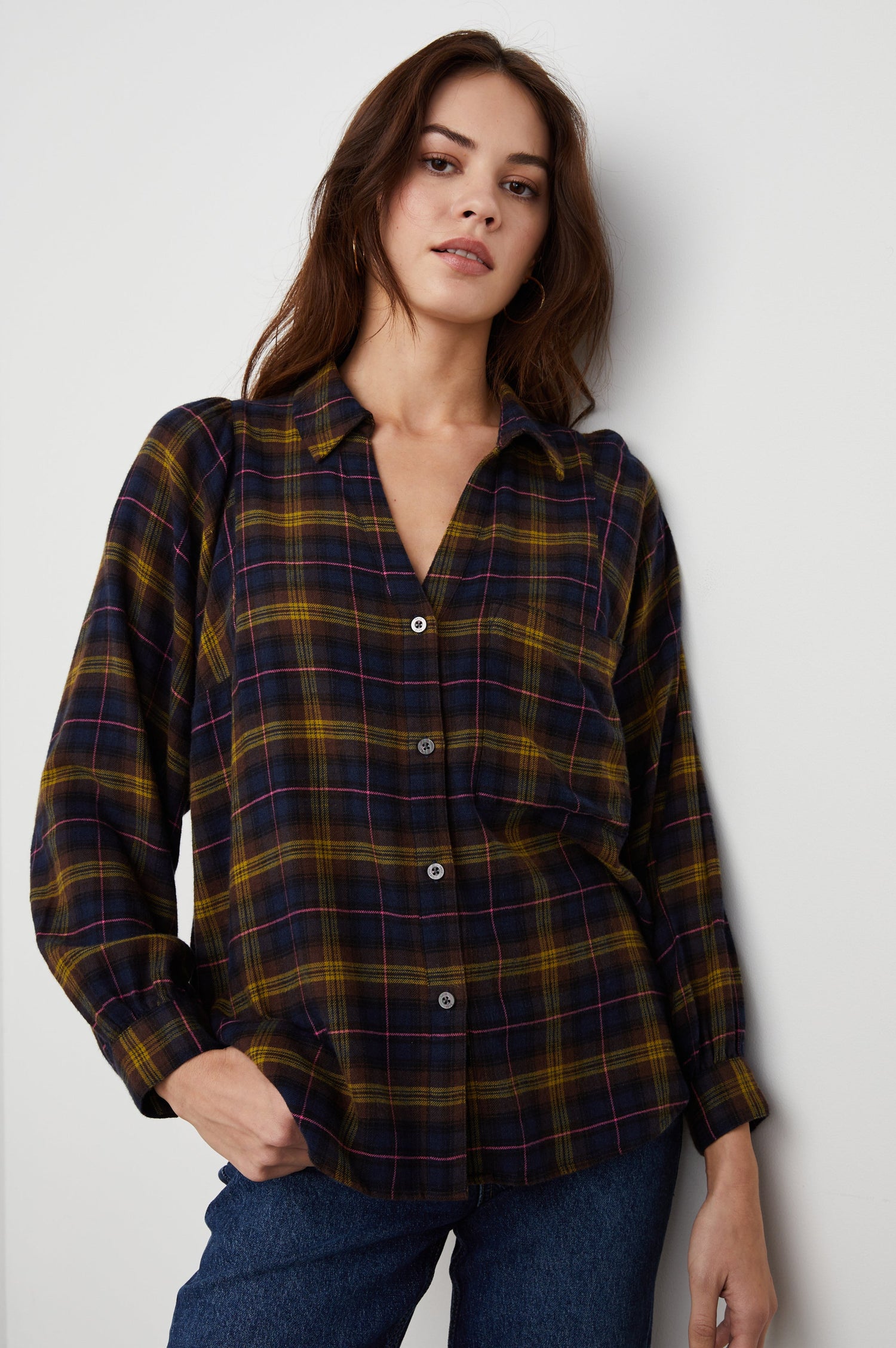 Lauren Long-Sleeve Button Up with Two Chest Patch Pockets and a V Neck in Navy Hazelnut Pink Colorway, a Plaid - Front View Featured on Model