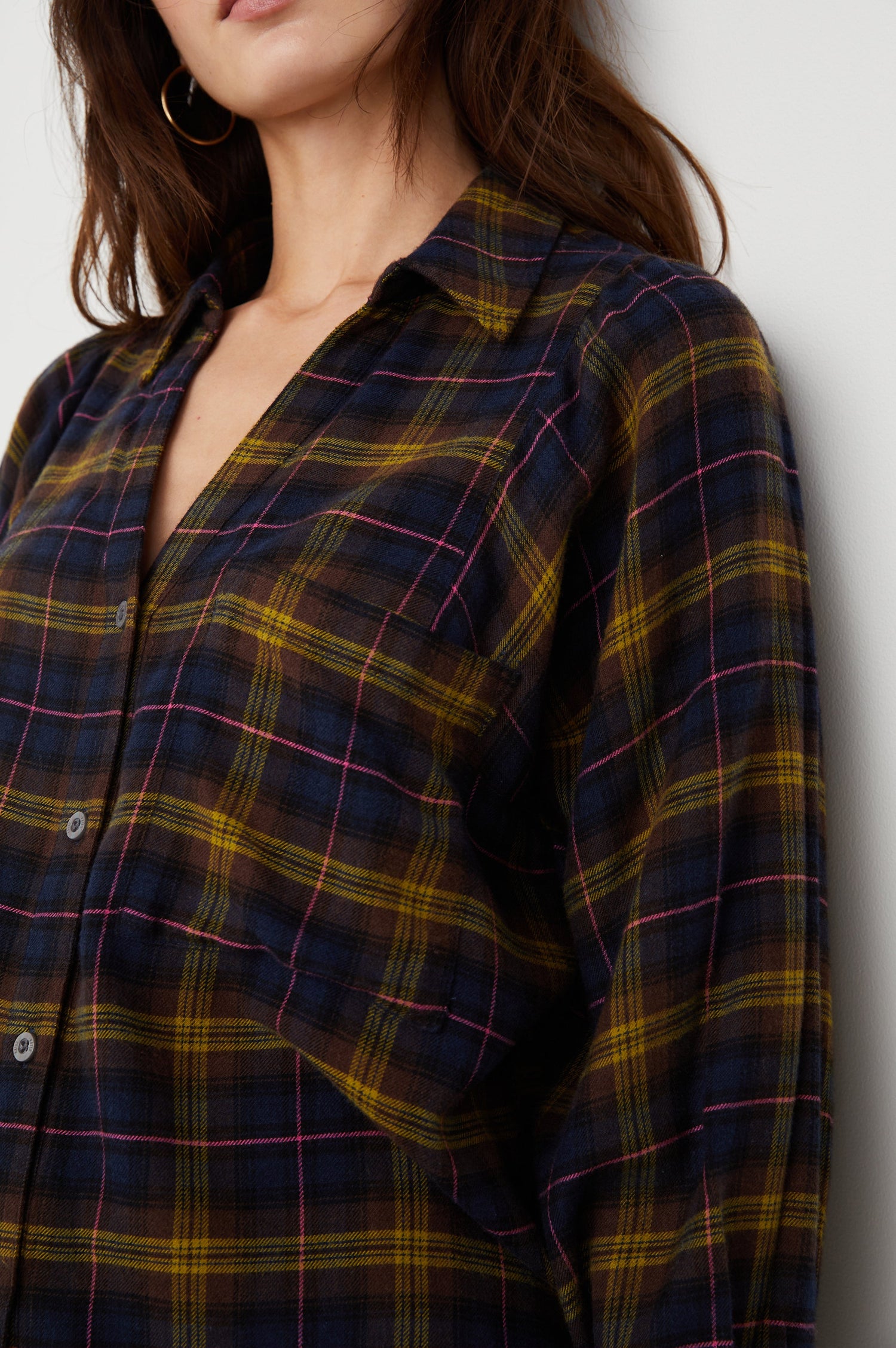 Lauren Long-Sleeve Button Up with Two Chest Patch Pockets and a V Neck in Navy Hazelnut Pink Colorway, a Plaid - Front View Featured on Model