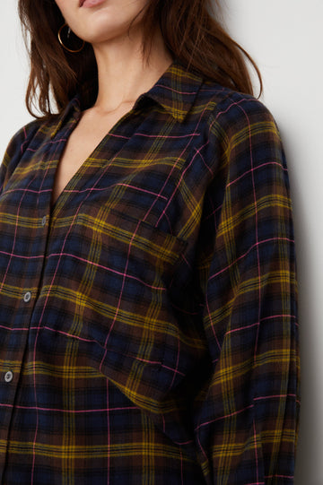 Lauren Long-Sleeve Button Up with Two Chest Patch Pockets and a V Neck in Navy Hazelnut Pink Colorway, a Plaid - Front View Featured on Model