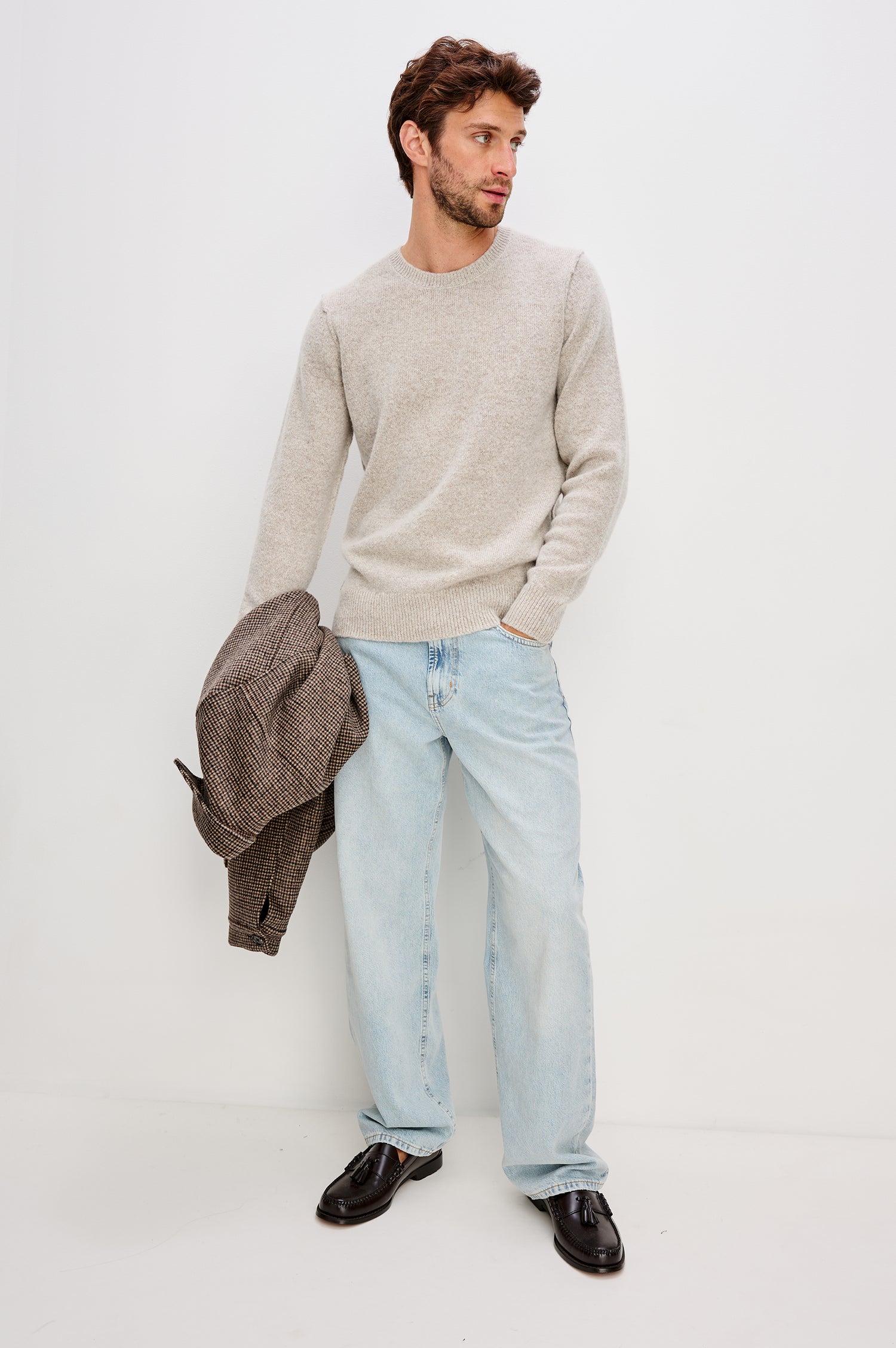 Laurent Crewneck Sweater in Wool Blend With Dropped Shoulders With Linking Stitch Detailing and Long Sleeves in Silverleaf Colorway - Full Body Front View Featured on Model