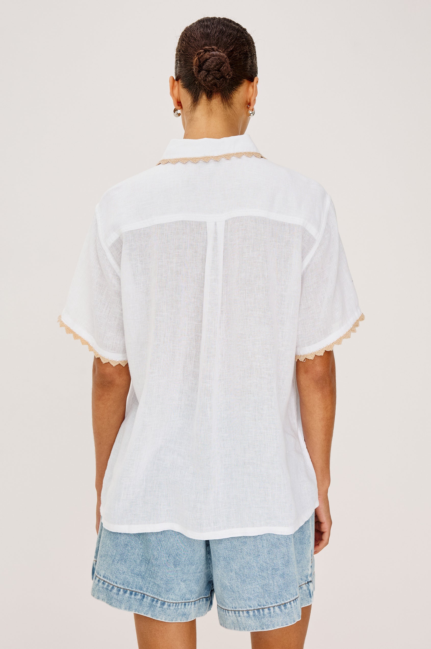 Lea Top in Luxe Linen With Relaxed Fit, Split V-Neck, Crochet Trim, and Flutter Sleeves With Natural Crochet Colorway - Upper Body Back View Featured on Model