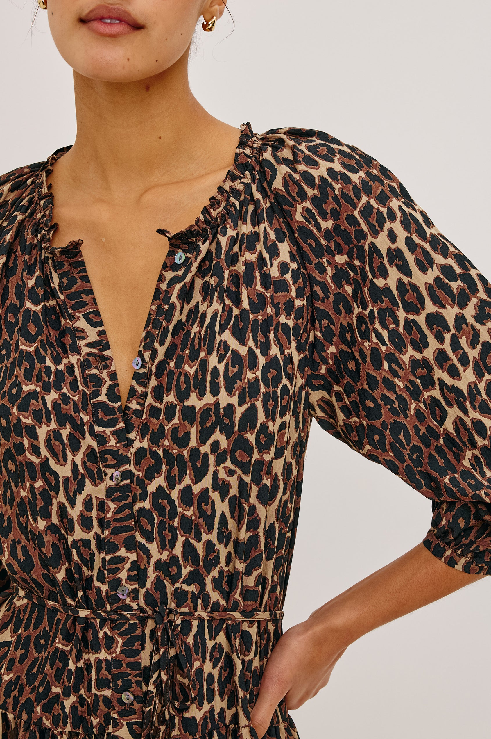 Leanne Maxi Dress in Crinkle Poplin With Loose Swing Fit, Ruffle Trim Peasant Neckline, Long Balloon Sleeves, Front Buttons, and Single Tier in Brown Nala Colorway - Upper Body Front View Featured on Model