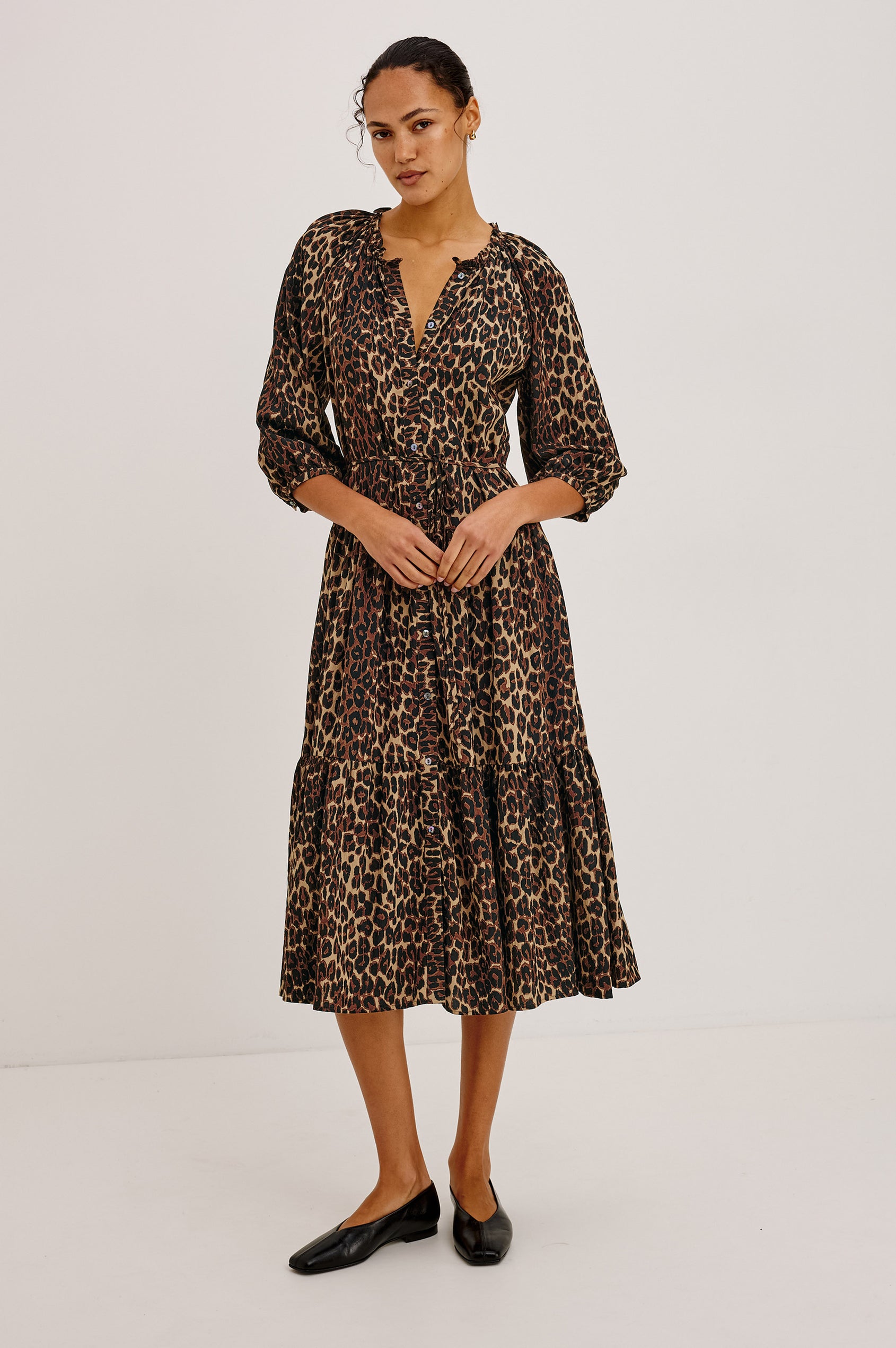 Leanne Maxi Dress in Crinkle Poplin With Loose Swing Fit, Ruffle Trim Peasant Neckline, Long Balloon Sleeves, Front Buttons, and Single Tier in Brown Nala Colorway - Full Body Front View Featured on Model