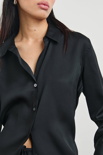 Ledger Long-Sleeve Button Down in Black Colorway - Front View Featured on Model