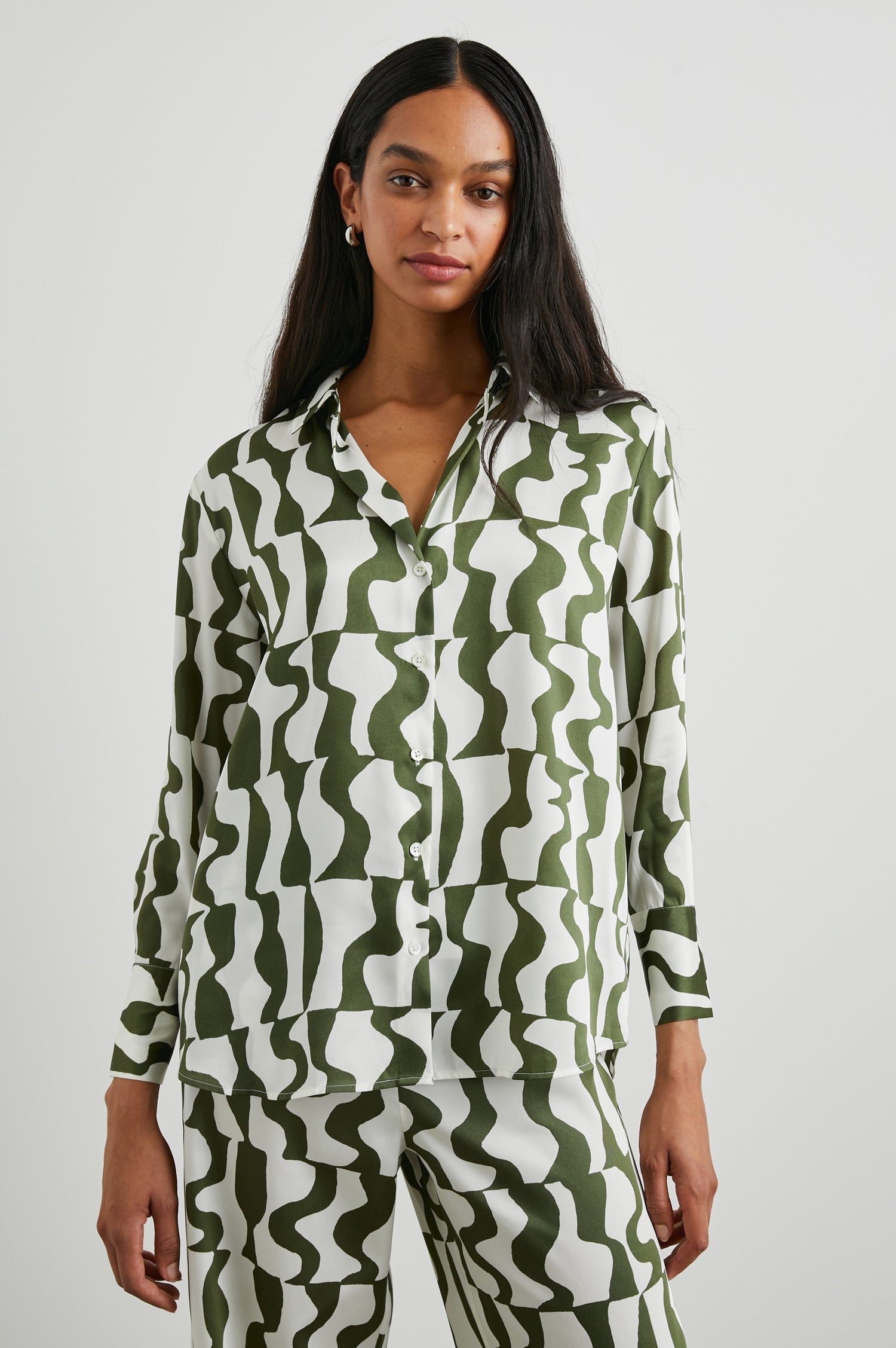 Ledger Long-Sleeve Button Down in Noto Colorway, an olive and white design - Front View Featured on Model