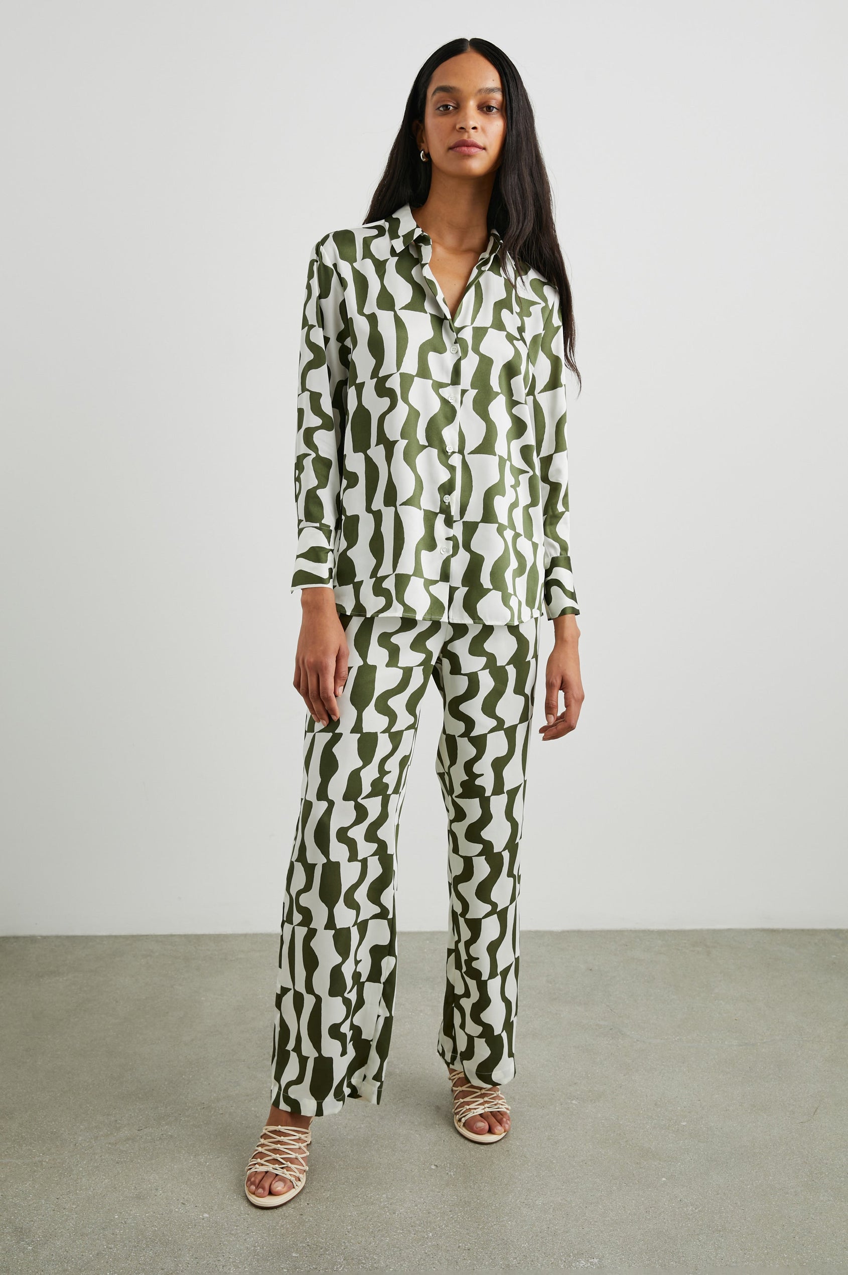 Ledger Long-Sleeve Button Down in Noto Colorway, an olive and white design - Front Full Body View Featured on Model
