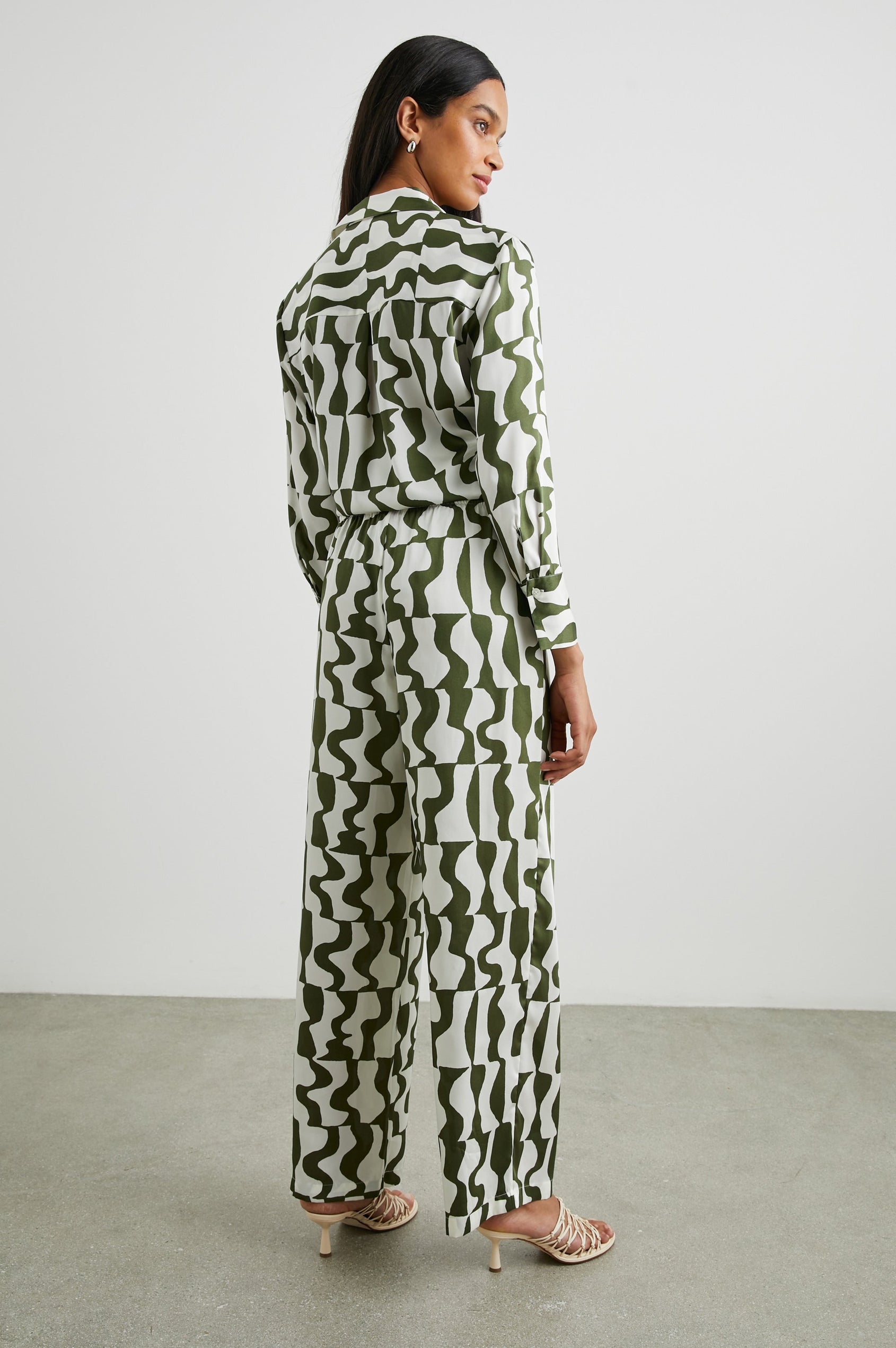 Ledger Long-Sleeve Button Down in Noto Colorway, an olive and white design - Back Full Body View Featured on Model