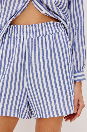 Leighton Shorts with Textured Fabric, a Smocked Elastic Waist, and Large Front Pockets in Anacapa Stripe Colorway, Blue and White Vertical Stripe - Front Detailed View Featured on Model