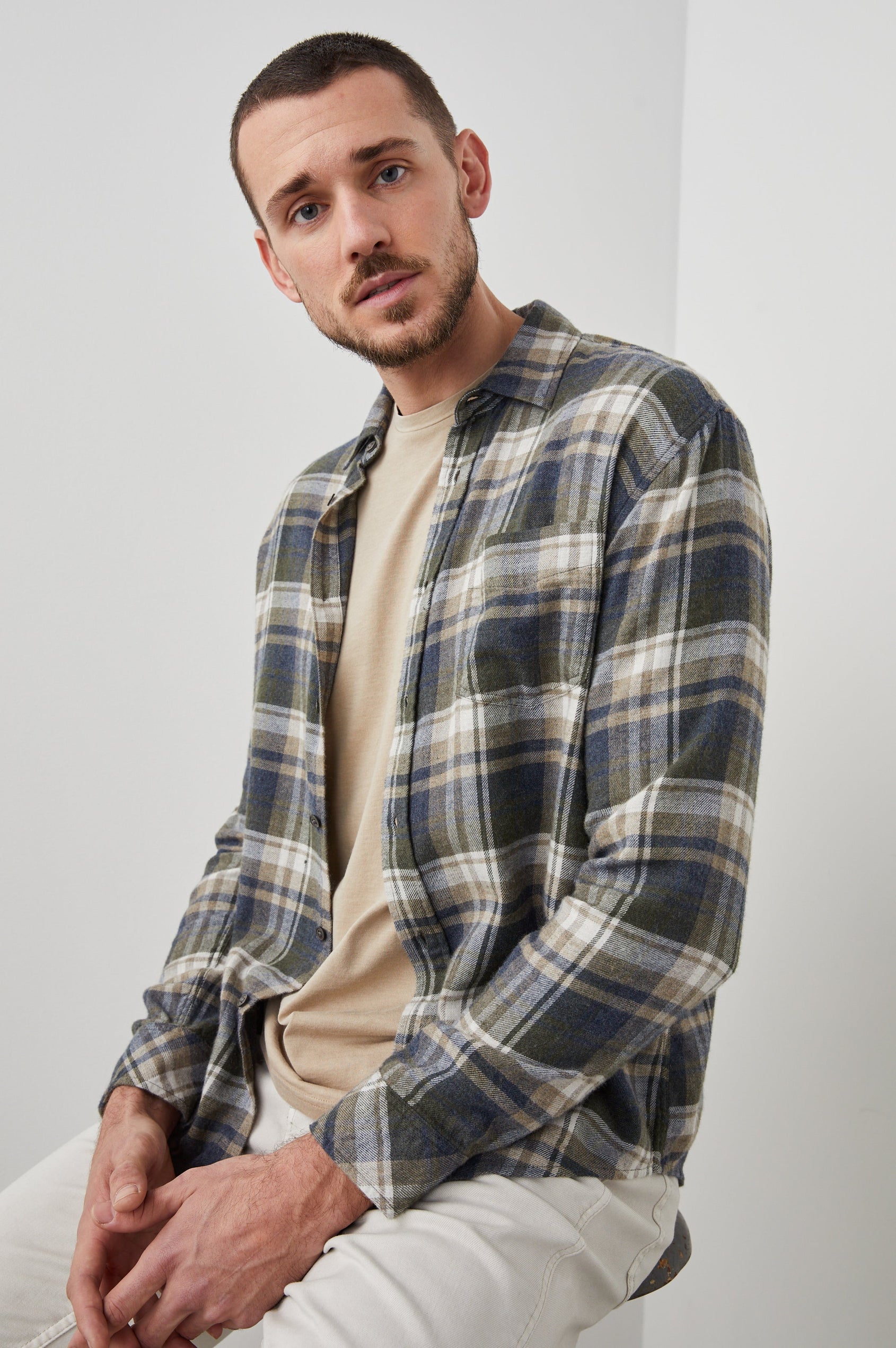 LENNOX BLUE MOSS LODGE SHIRT - FRONT SITTING DOWN