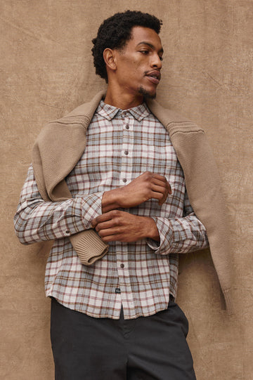 Lennox Long-Sleeve Button Up with a Chest Patch Pocket in Charcoal Autumn Melange Colorway, a plaid in Charcoal, Burnt Orange and White - Front View Featured on model